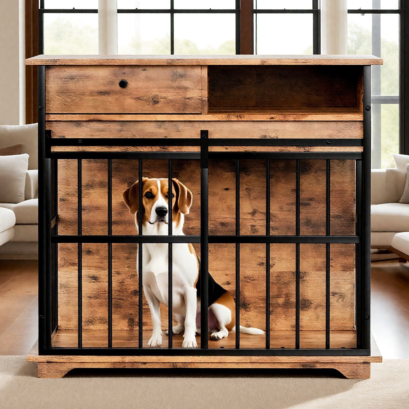 Dog Crate Furniture , Large Dog Cage Furniture with Tray for Medium Large Dogs, Wooden Dog Kennel Furniture - Dog Time Outlet