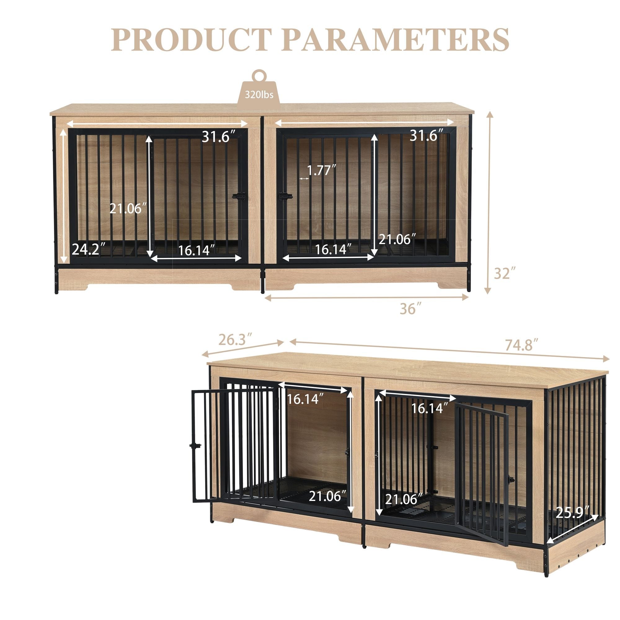 Dog Crate Furniture with Two Combined Room, XL Large Double Dog Cage Furniture with Tray for Medium Large Dogs, Wooden Dog Kennel Furniture - Dog Time Outlet