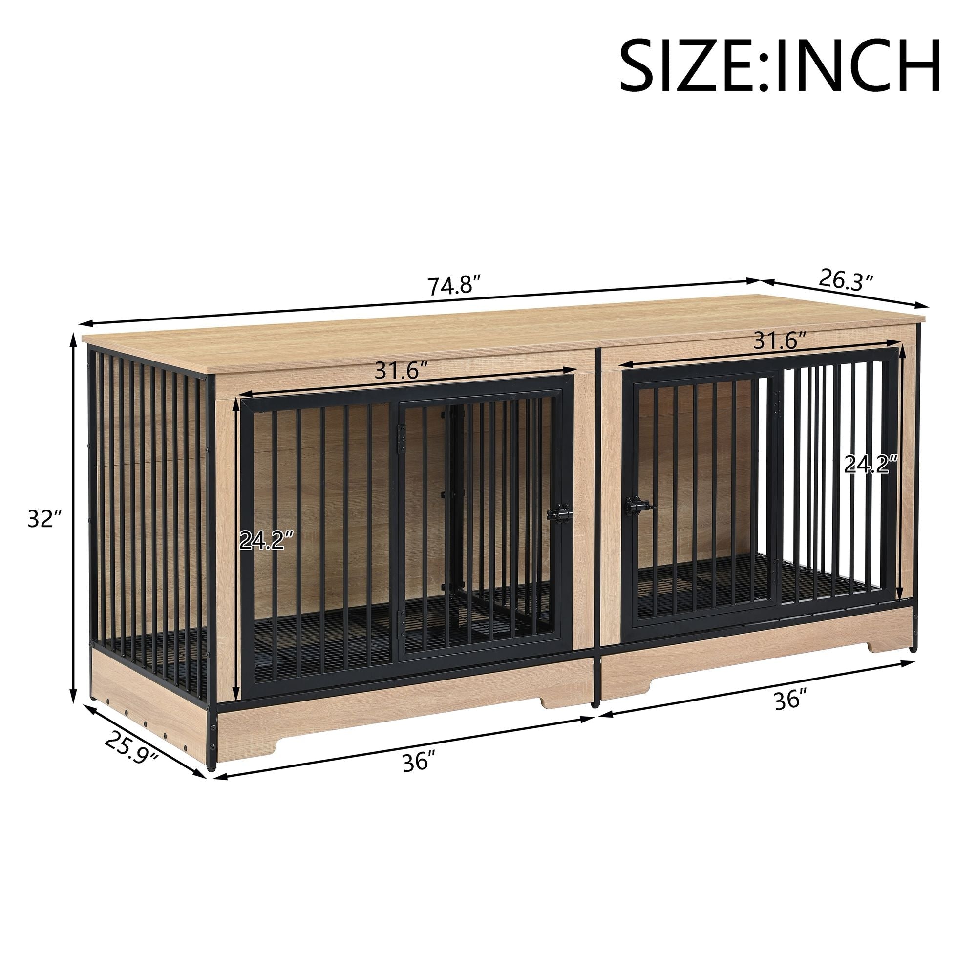 Dog Crate Furniture with Two Combined Room, XL Large Double Dog Cage Furniture with Tray for Medium Large Dogs, Wooden Dog Kennel Furniture - Dog Time Outlet