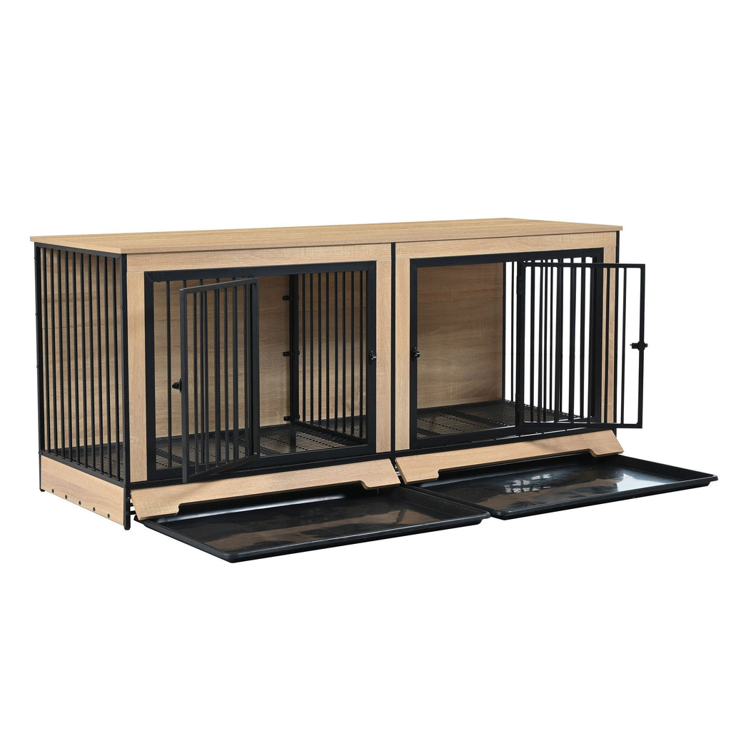 Dog Crate Furniture with Two Combined Room, XL Large Double Dog Cage Furniture with Tray for Medium Large Dogs, Wooden Dog Kennel Furniture - Dog Time Outlet
