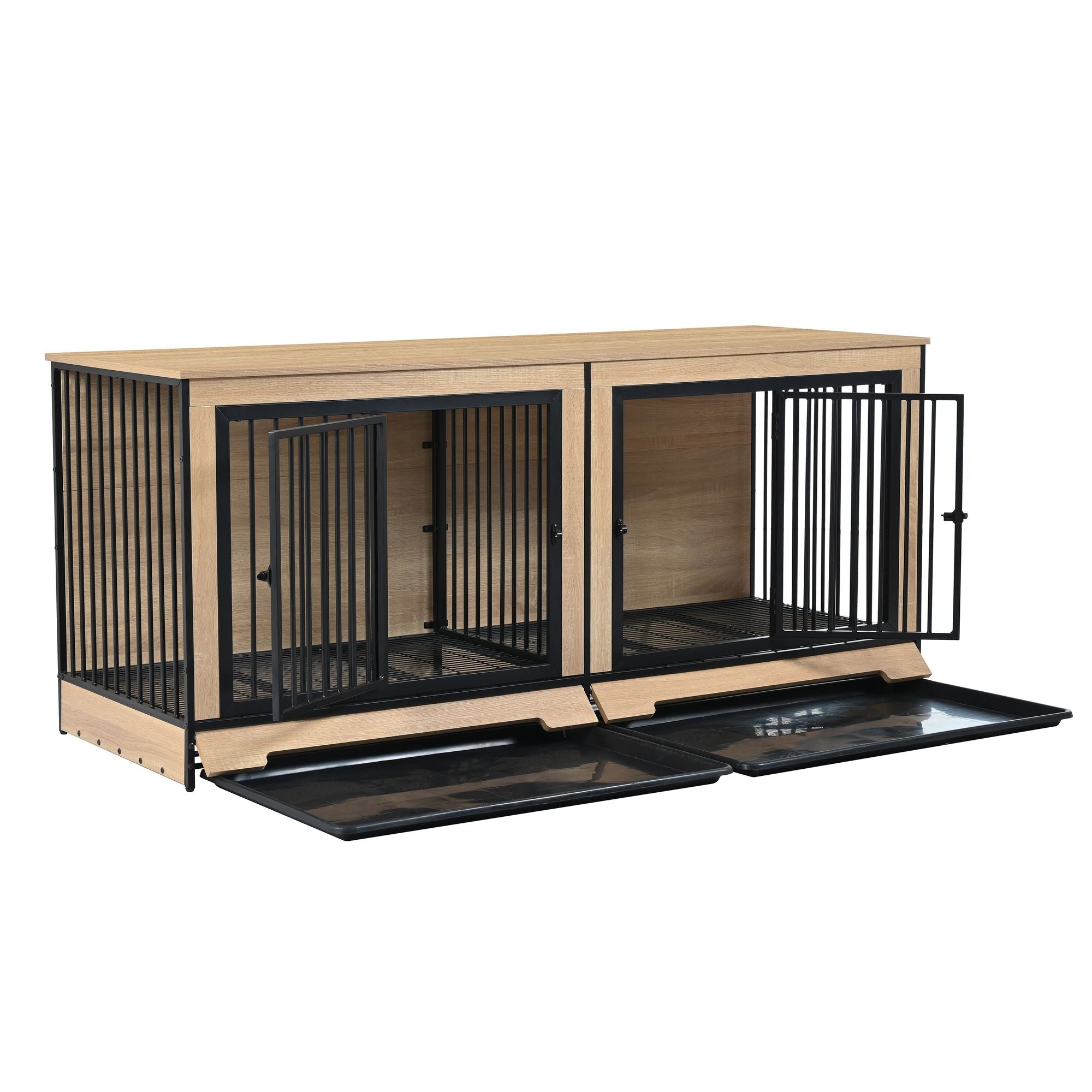 Dog Crate Furniture with Two Combined Room, XL Large Double Dog Cage Furniture with Tray for Medium Large Dogs, Wooden Dog Kennel Furniture - Dog Time Outlet