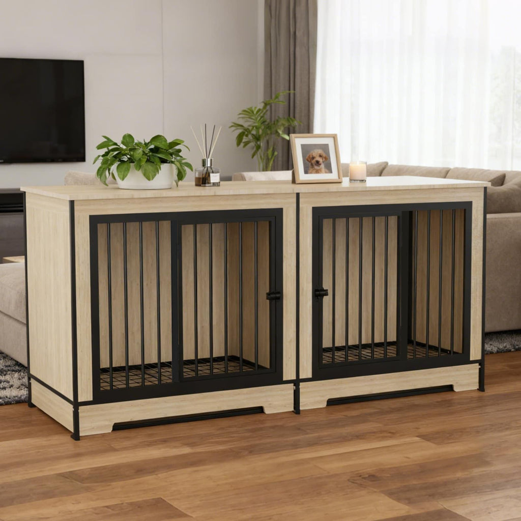 Dog Crate Furniture with Two Combined Room, XL Large Double Dog Cage Furniture with Tray for Medium Large Dogs, Wooden Dog Kennel Furniture - Dog Time Outlet