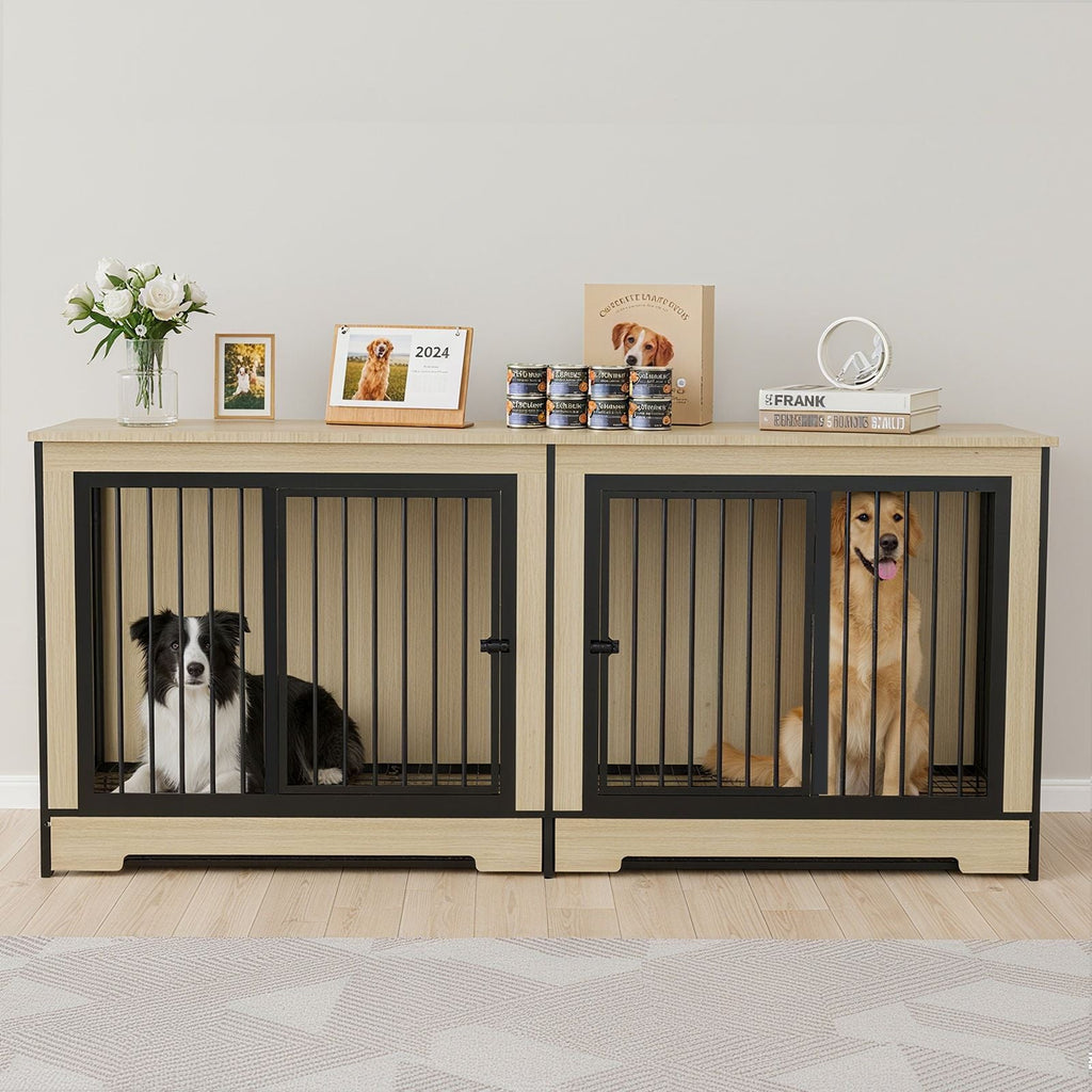 Dog Crate Furniture with Two Combined Room, XL Large Double Dog Cage Furniture with Tray for Medium Large Dogs, Wooden Dog Kennel Furniture - Dog Time Outlet
