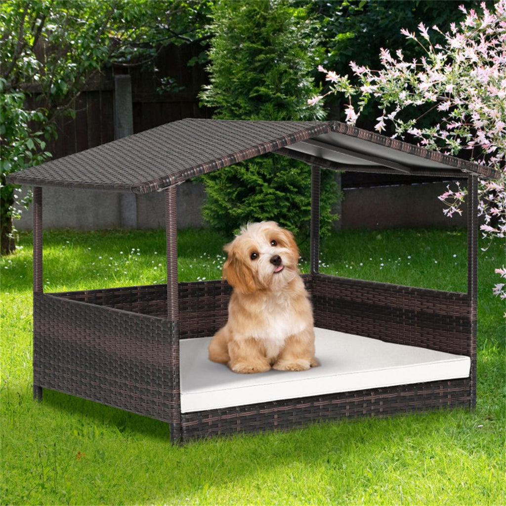 Dog House Outdoor with Canopy, Rattan Dog Bed with Water - resistant Cushion, - Dog Time Outlet
