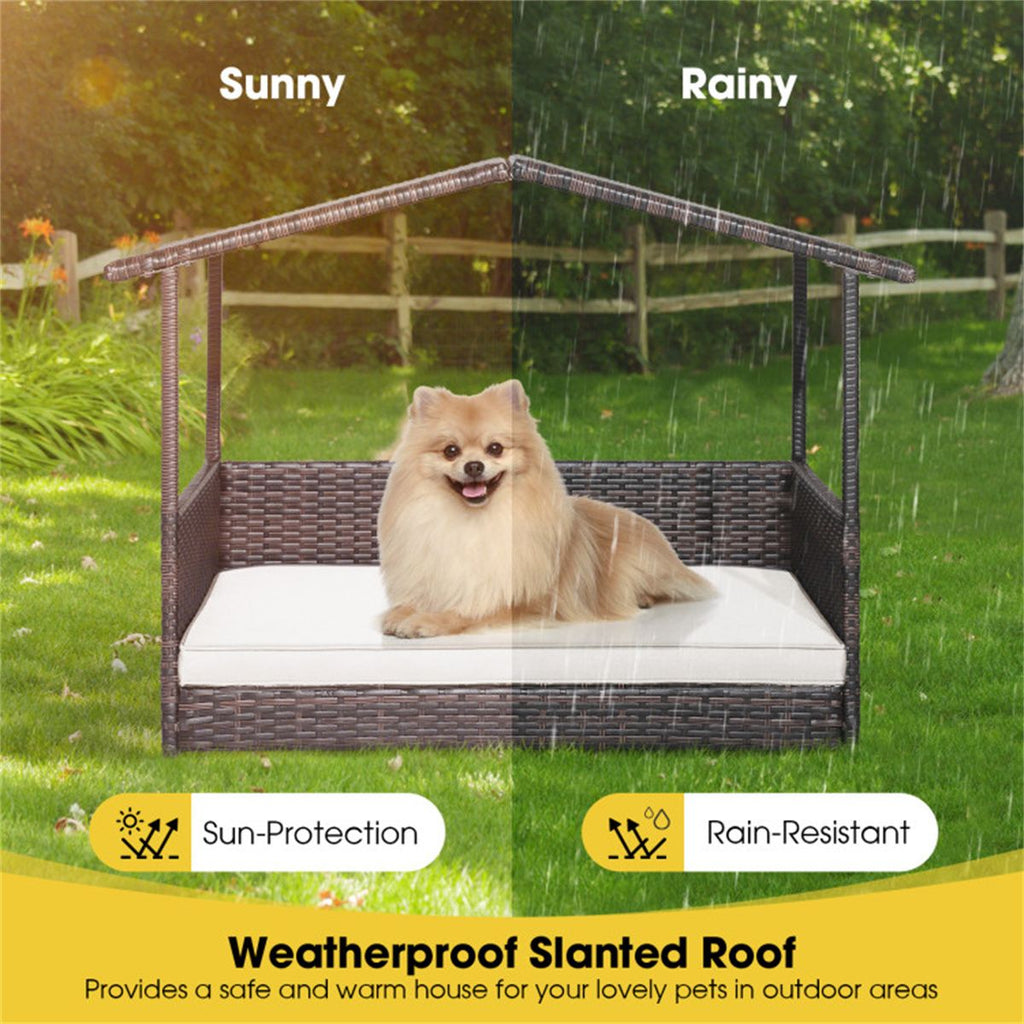 Dog House Outdoor with Canopy, Rattan Dog Bed with Water - resistant Cushion, - Dog Time Outlet