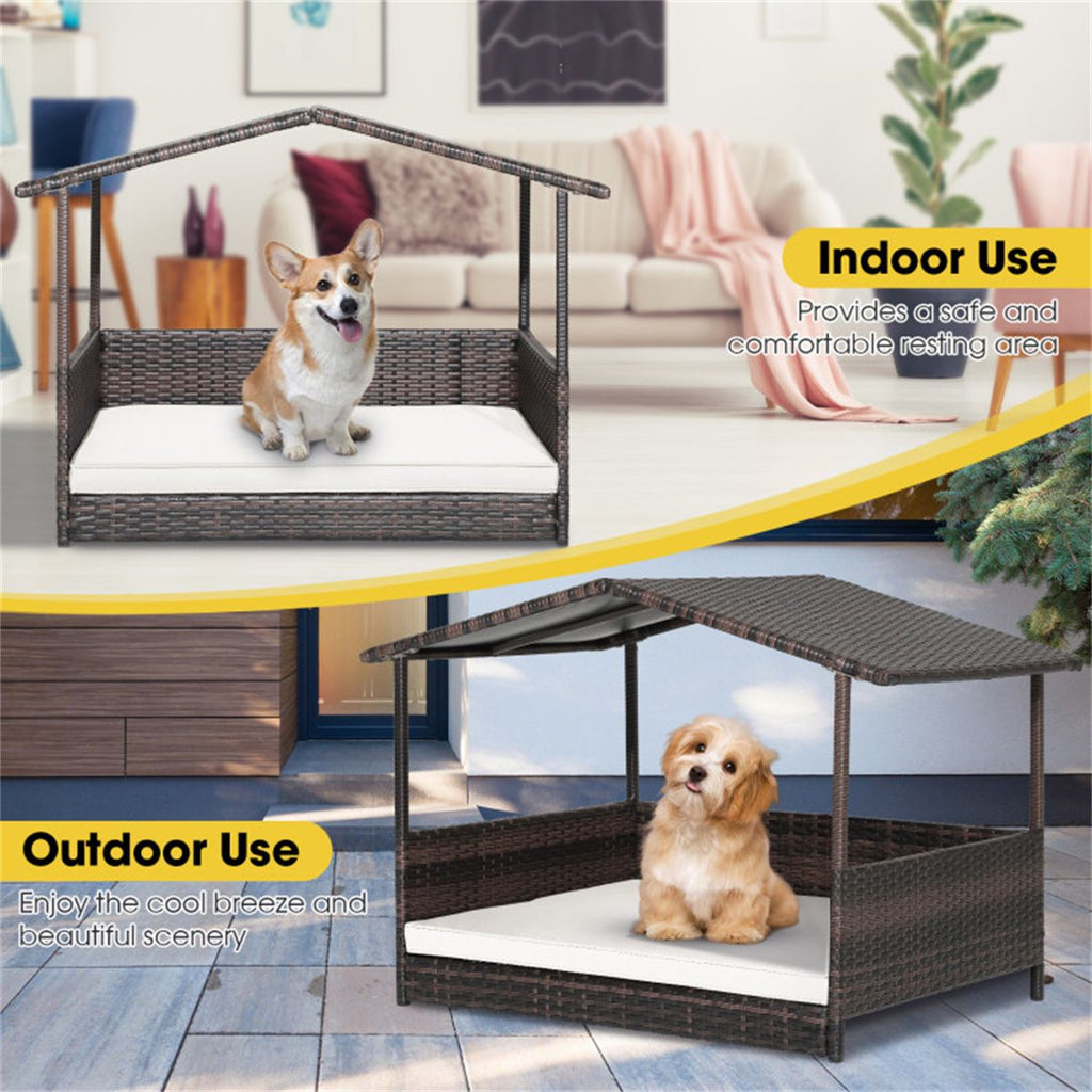 Dog House Outdoor with Canopy, Rattan Dog Bed with Water - resistant Cushion, - Dog Time Outlet