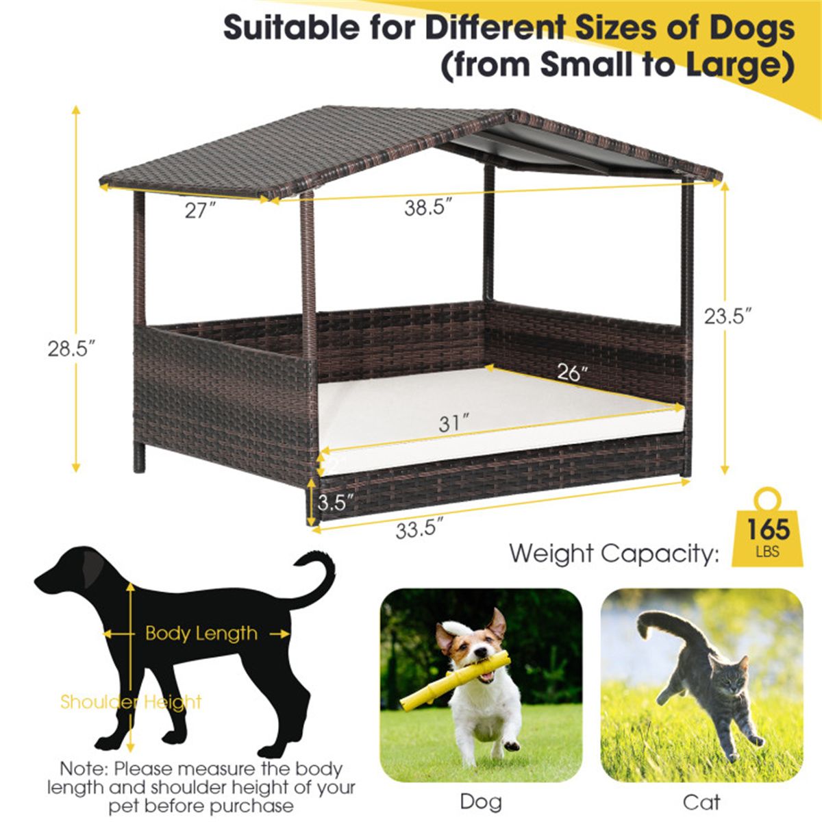 Dog House Outdoor with Canopy, Rattan Dog Bed with Water - resistant Cushion, - Dog Time Outlet