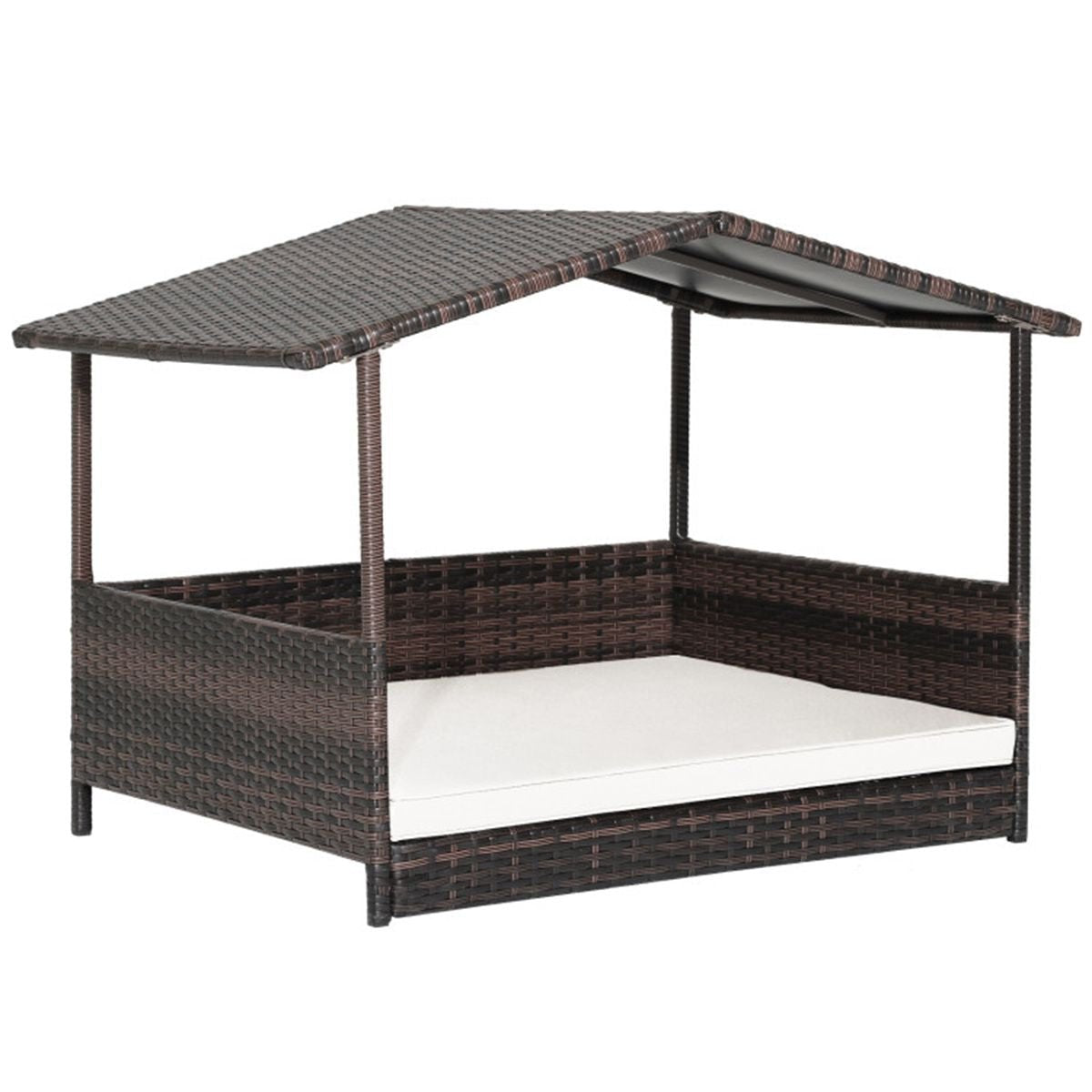 Dog House Outdoor with Canopy, Rattan Dog Bed with Water - resistant Cushion, - Dog Time Outlet