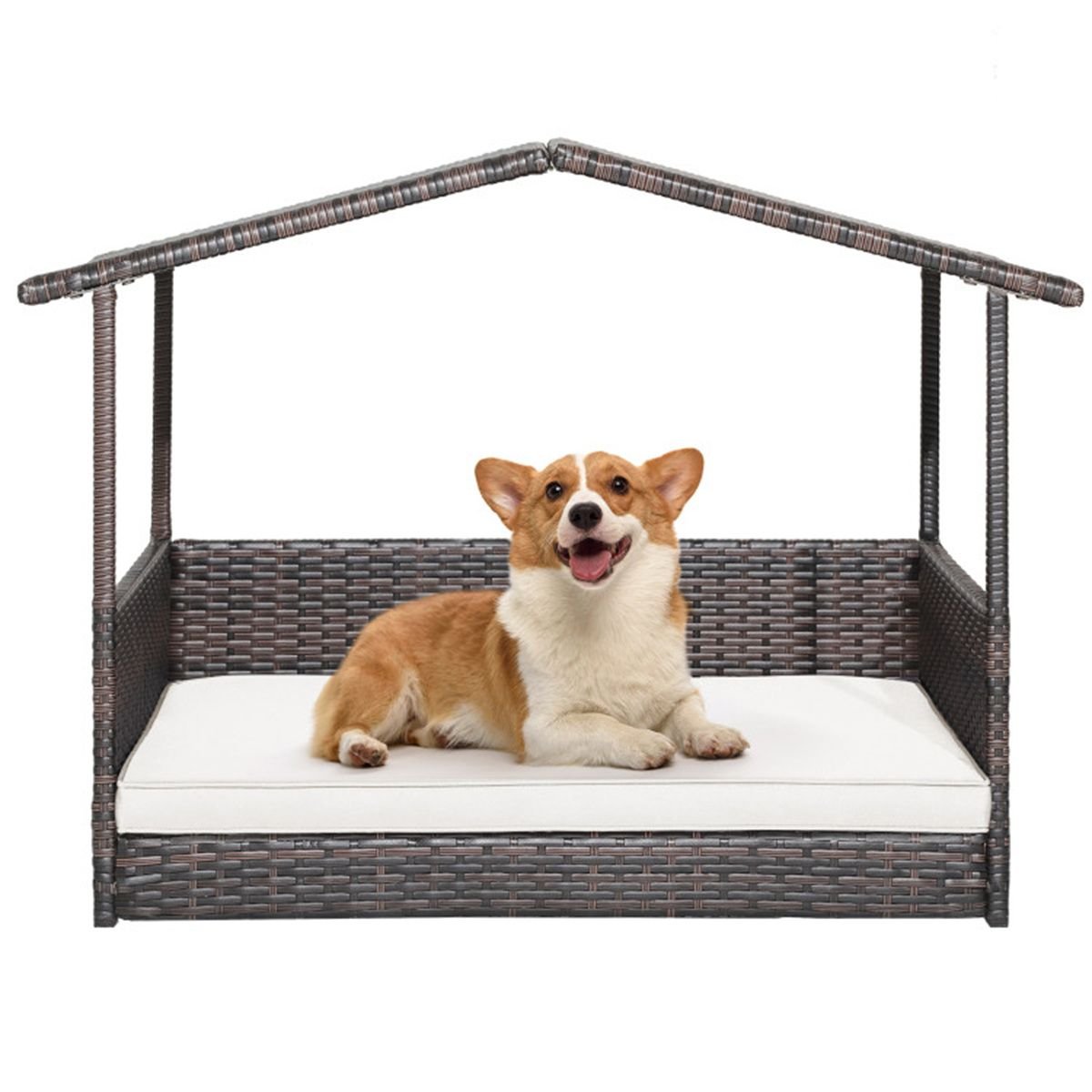 Dog House Outdoor with Canopy, Rattan Dog Bed with Water - resistant Cushion, - Dog Time Outlet