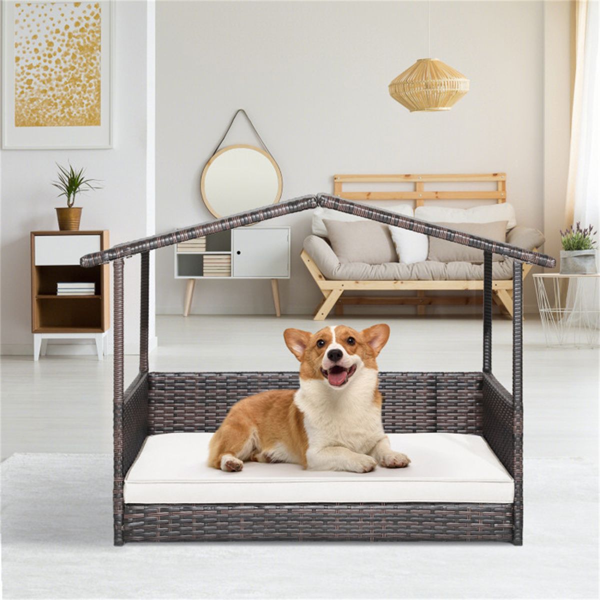 Dog House Outdoor with Canopy, Rattan Dog Bed with Water - resistant Cushion, - Dog Time Outlet