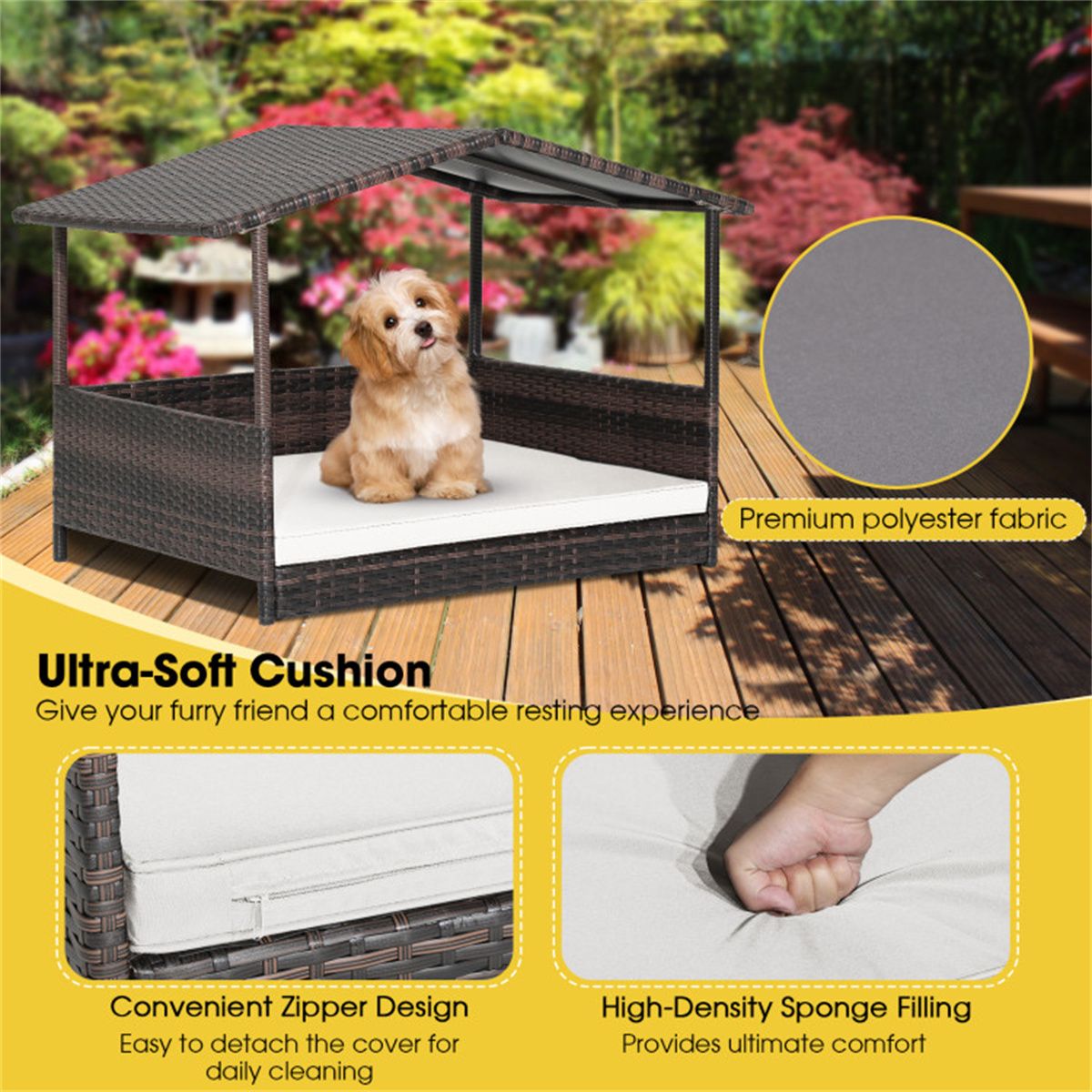 Dog House Outdoor with Canopy, Rattan Dog Bed with Water - resistant Cushion, - Dog Time Outlet