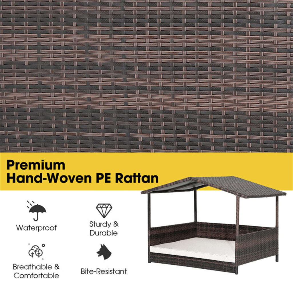 Dog House Outdoor with Canopy, Rattan Dog Bed with Water - resistant Cushion, - Dog Time Outlet