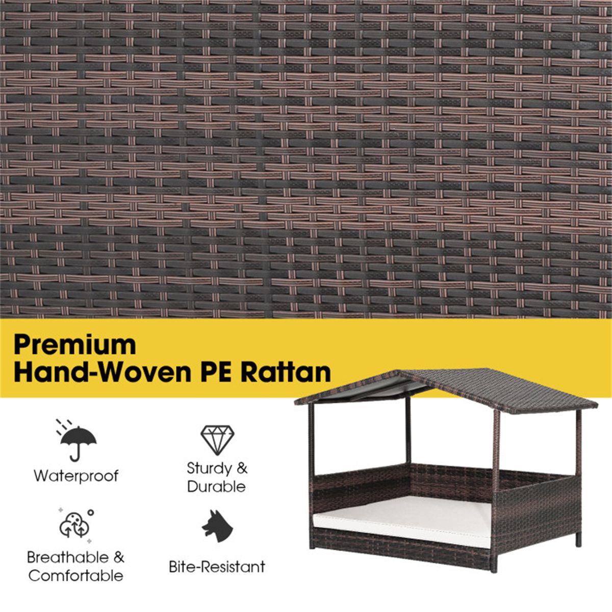 Dog House Outdoor with Canopy, Rattan Dog Bed with Water - resistant Cushion, - Dog Time Outlet