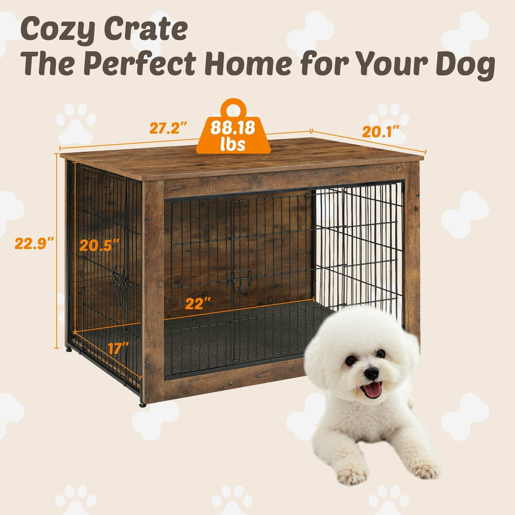 Dog Kennel Furniture, Wooden Dog Crate End Table, Heavy Duty Dog Crate, Decorative Pet Crate Dog Cage for Large Indoor Use (Rustic Brown) 27" L×20" W×23"H - Dog Time Outlet