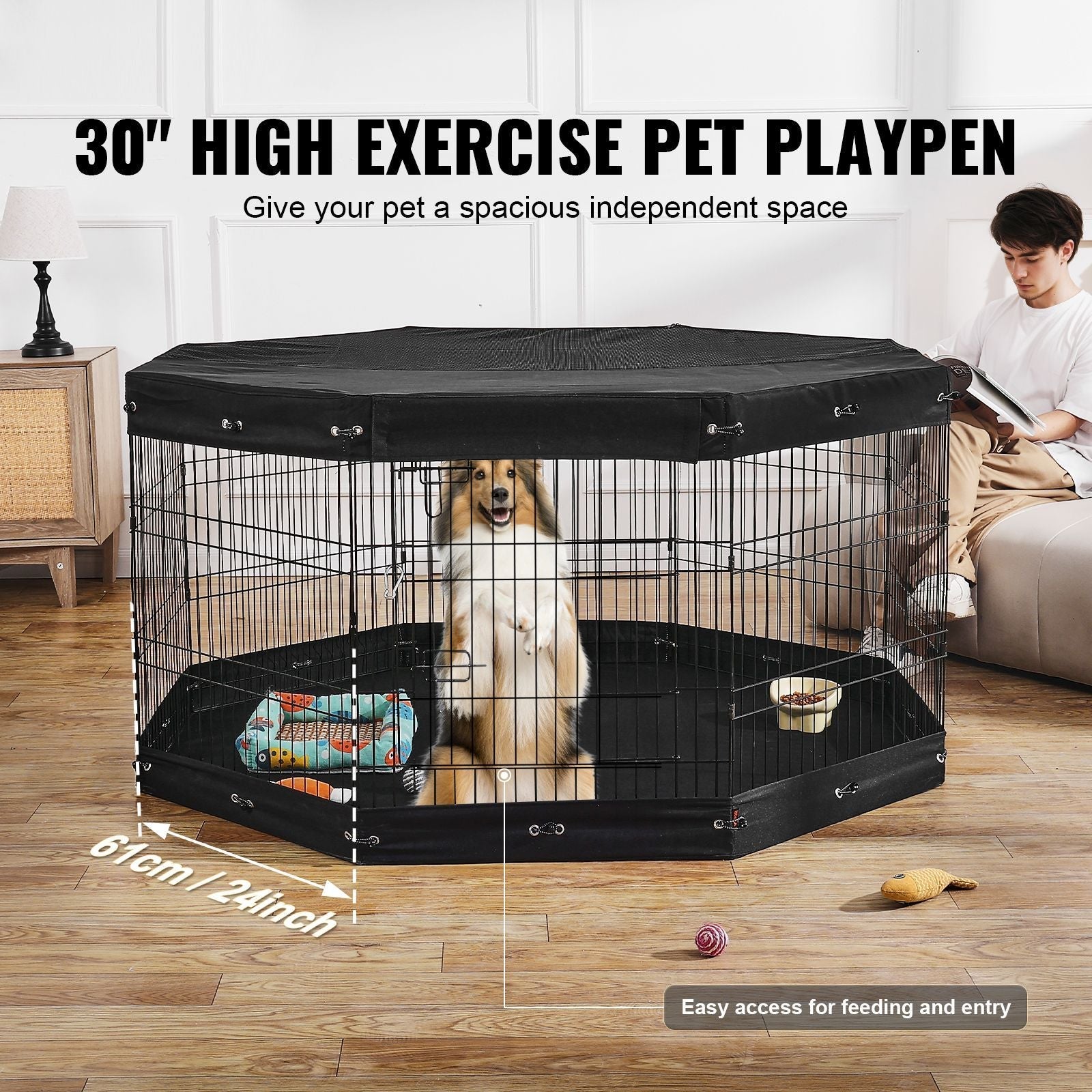 Dog Playpen, 8 Pcs 30"H x 24"W Panels Foldable Metal Pet Exercise Pen, Dog Fence Indoor and Outdoor Pen with Door, Bottom Pad and Top Cover, Pet Playpen for Dogs, Cats, Other Small Animals - Dog Time Outlet