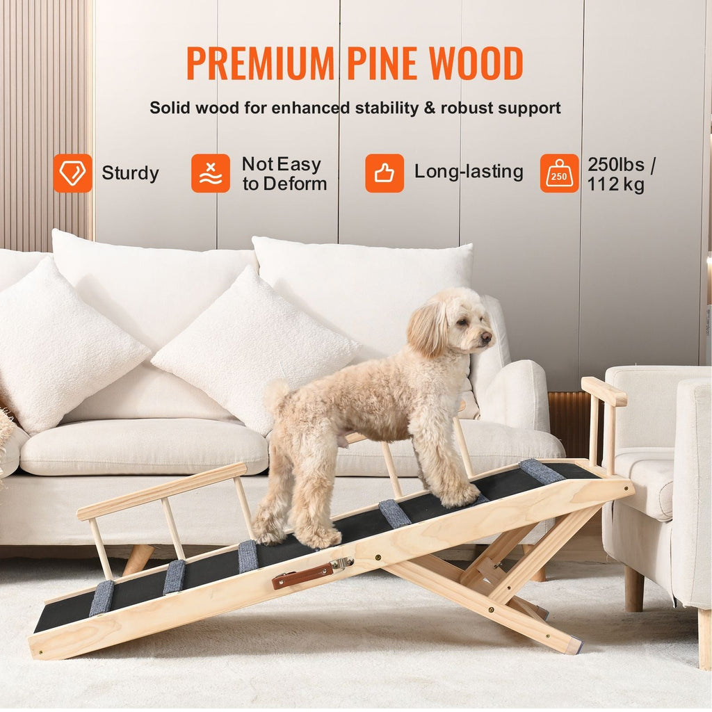Dog Ramp, Folding Pet Ramp for Bed, Adjustable Dog Ramp for Small, Large, Old Dogs & Cats, Wooden Pet Ramp with 47.2" Long Ramp, Adjustable from 13.8" to 27.6", Suitable for Couch, Sofa, Car - Dog Time Outlet