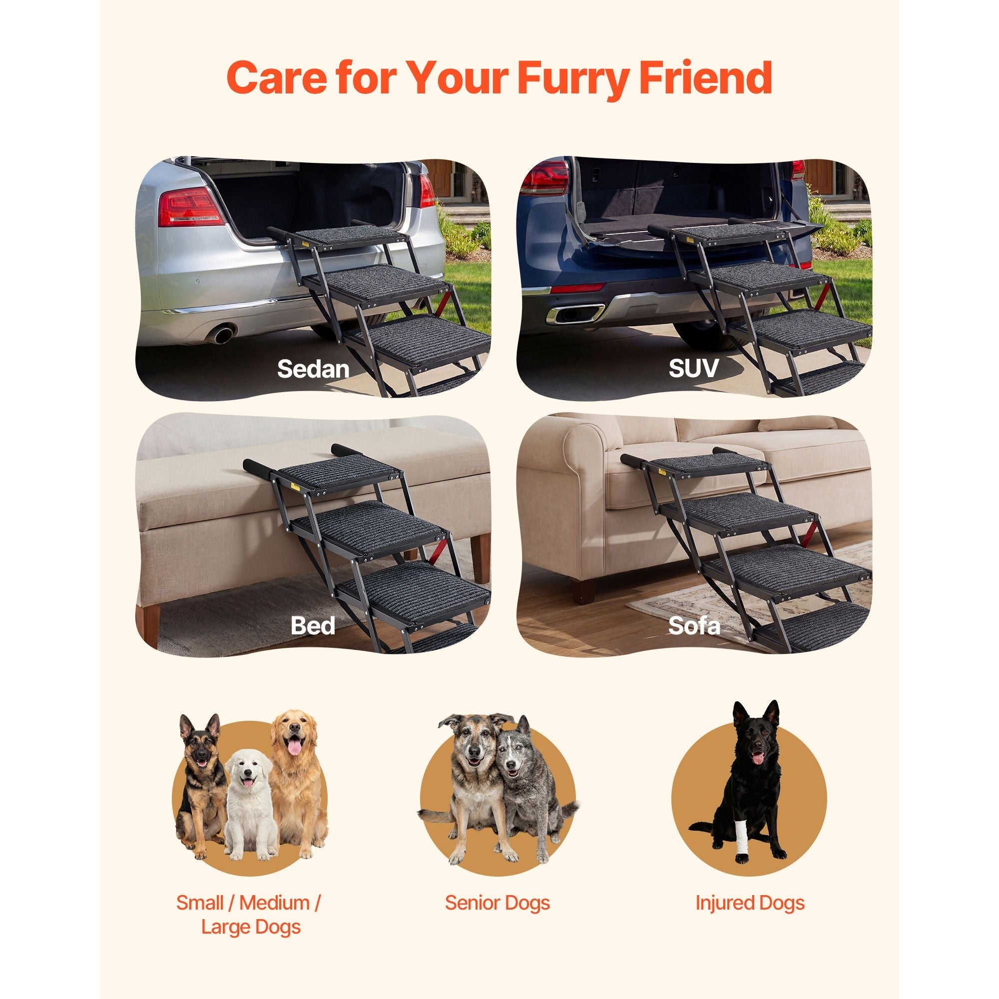 Dog Stairs for Car, 4 Steps Extra Wide Foldable Dog Ramp for Large Dogs with Non - Slip Rug Surface, Portable Lightweight Pet Ladder for Car, SUV, Truck, High Beds, Sofas, Support up to 200 lbs - Dog Time Outlet
