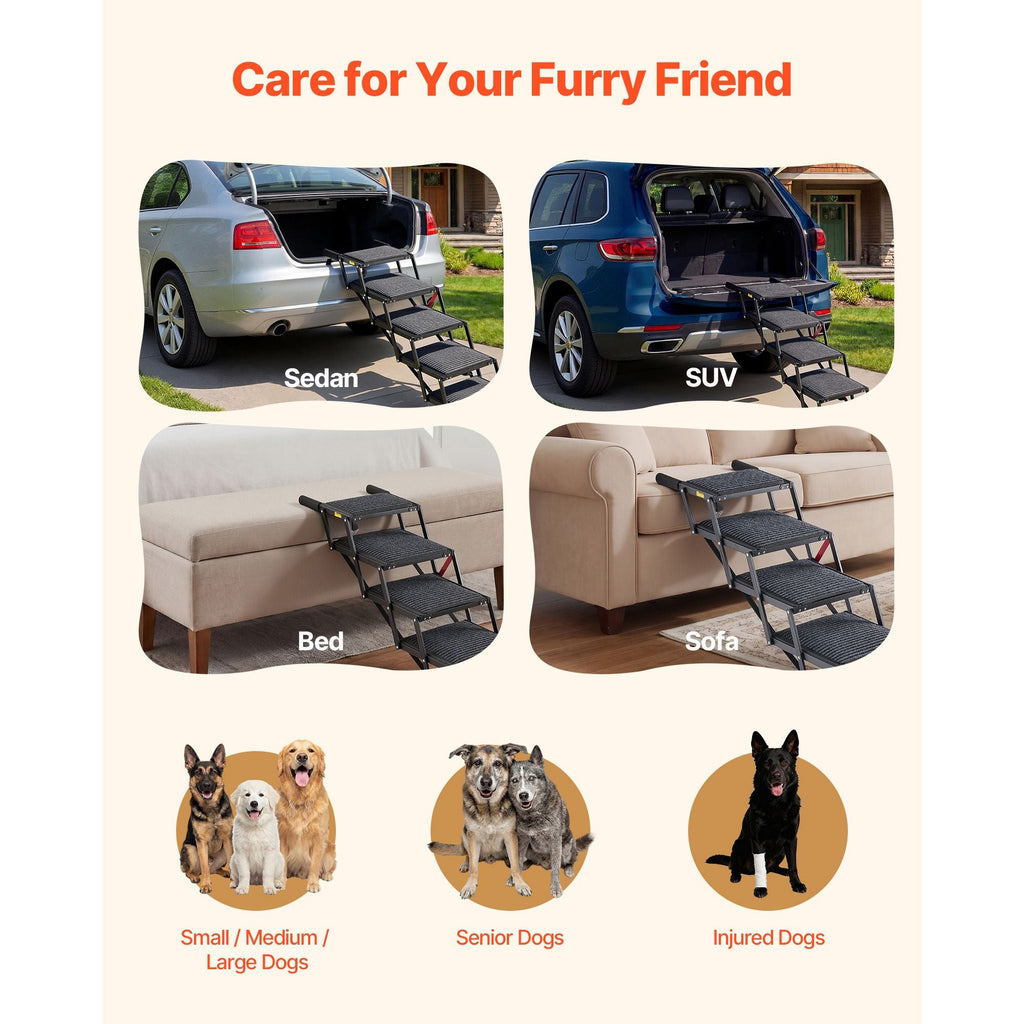 Dog Stairs for Car, 5 Steps Extra Wide Foldable Dog Ramp for Large Dogs with Non - Slip Rug Surface, Portable Lightweight Pet Ladder for Car, SUV, Truck, High Beds, Sofas, Support up to 200 lbs - Dog Time Outlet