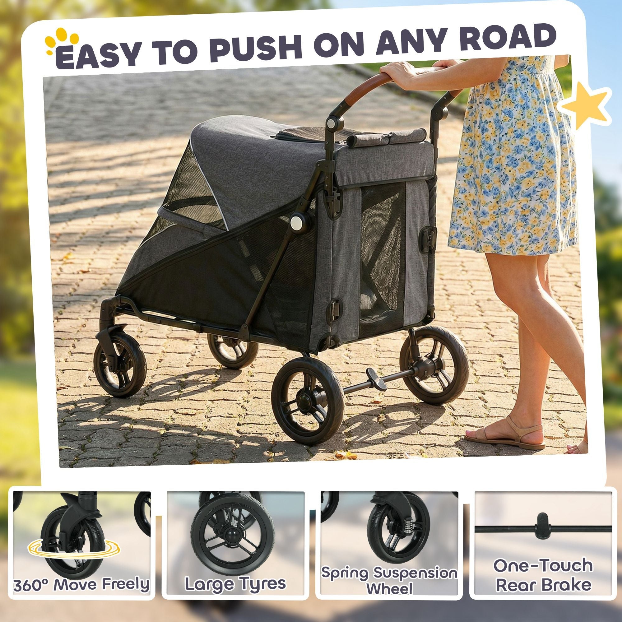 Dog Stroller for Large Dogs Up to 66 LBS with All - Terrain Spring Suspension, 8 - Position Adjustable Handle, Gray - Dog Time Outlet