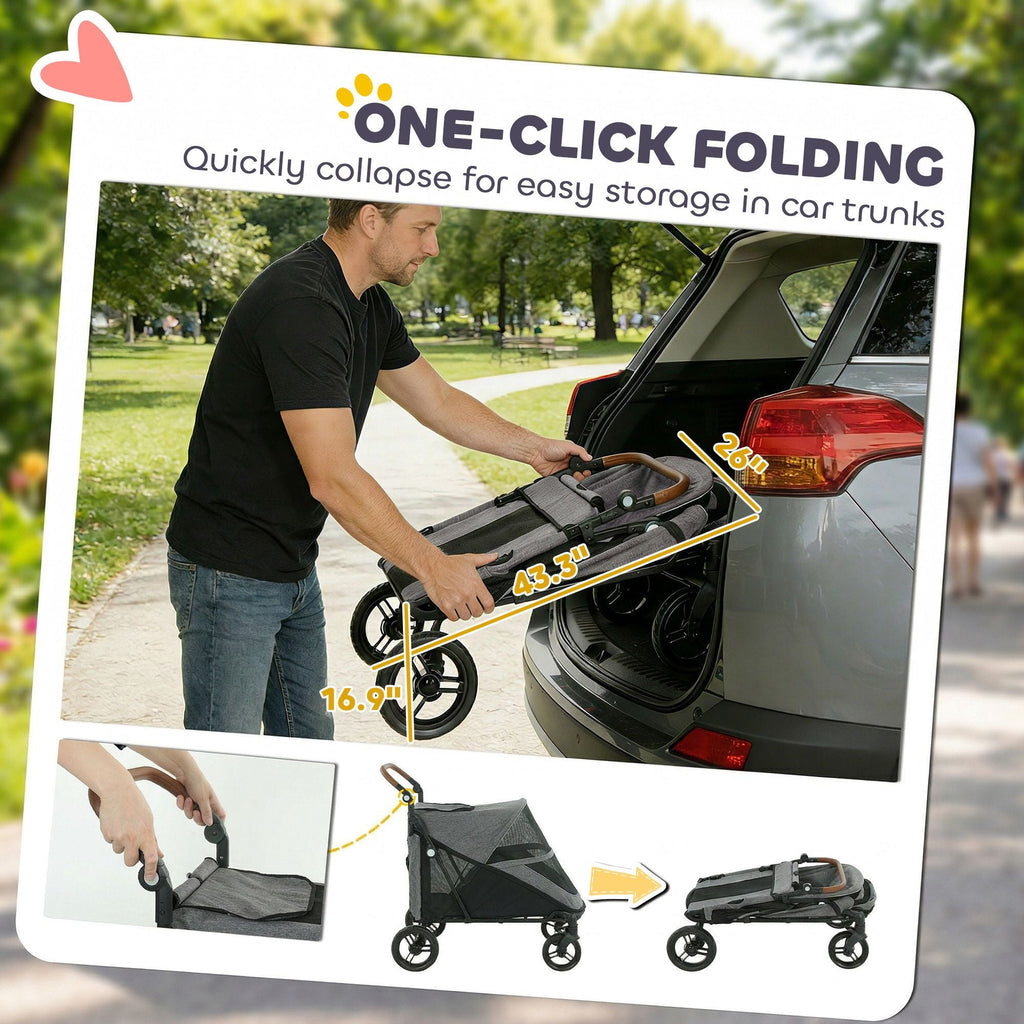 Dog Stroller for Large Dogs Up to 66 LBS with All - Terrain Spring Suspension, 8 - Position Adjustable Handle, Gray - Dog Time Outlet