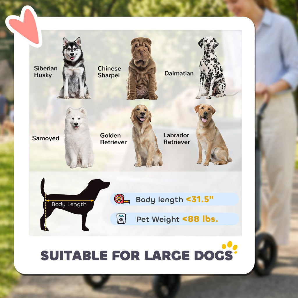 Dog Stroller for Large Dogs Up to 66 LBS with All - Terrain Spring Suspension, 8 - Position Adjustable Handle, Gray - Dog Time Outlet
