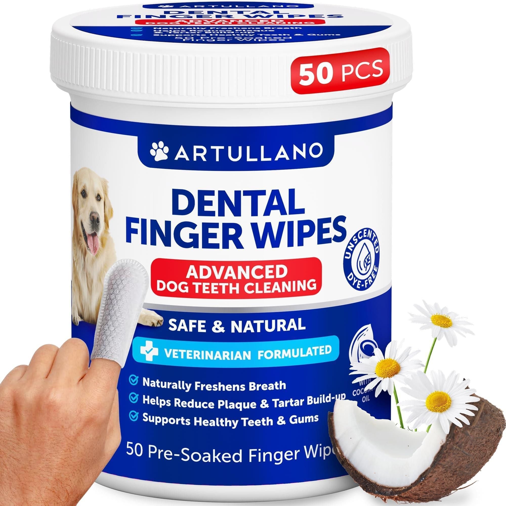 Dog Teeth Cleaning Wipes 50 Dog Dental Care Finger Wipes Disposable Finger Toothbrush for Removing Plaque and Tartar Buildup Oral Freshness Healthy Teeth and Gum Support with Coconut Oil - Dog Time Outlet