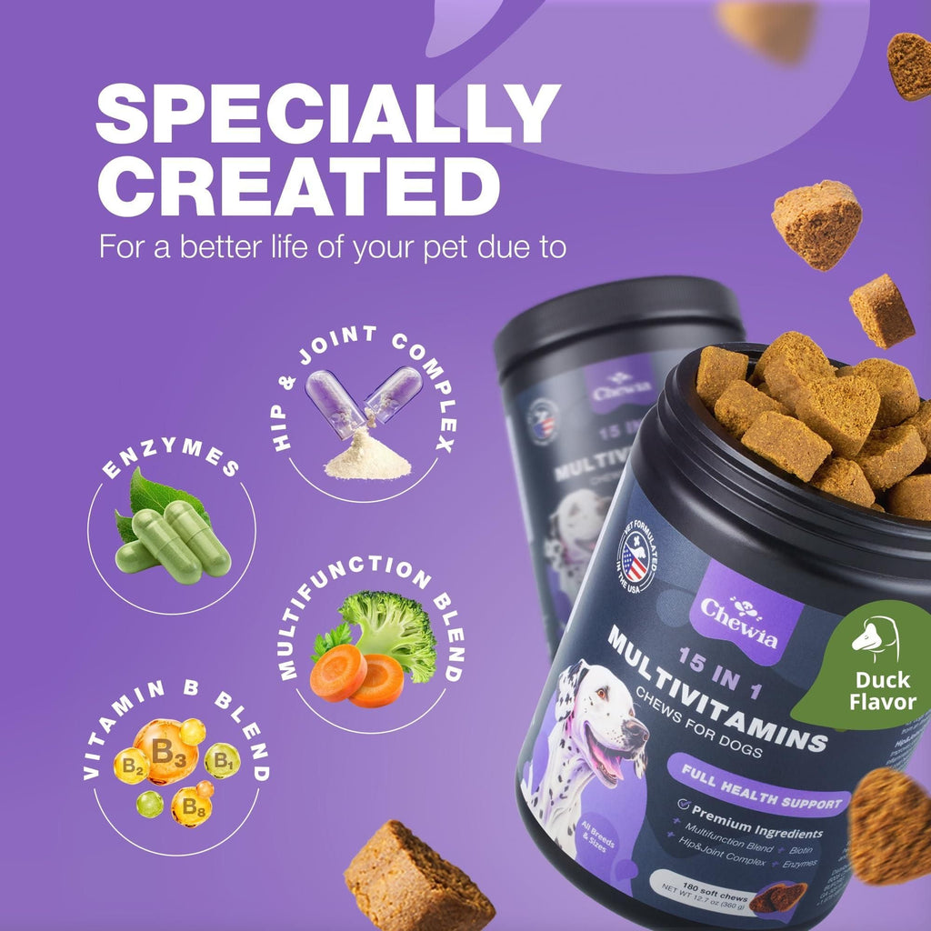 Dog Vitamins 15 in 1 Dog Multivitamin Chews with MSM for Hip & Joint Health Dog Supplement for Itchy Skin Relief Multivitamin for Dogs Immune Support with Enzymes Skin & Coat Mobility Support - Dog Time Outlet