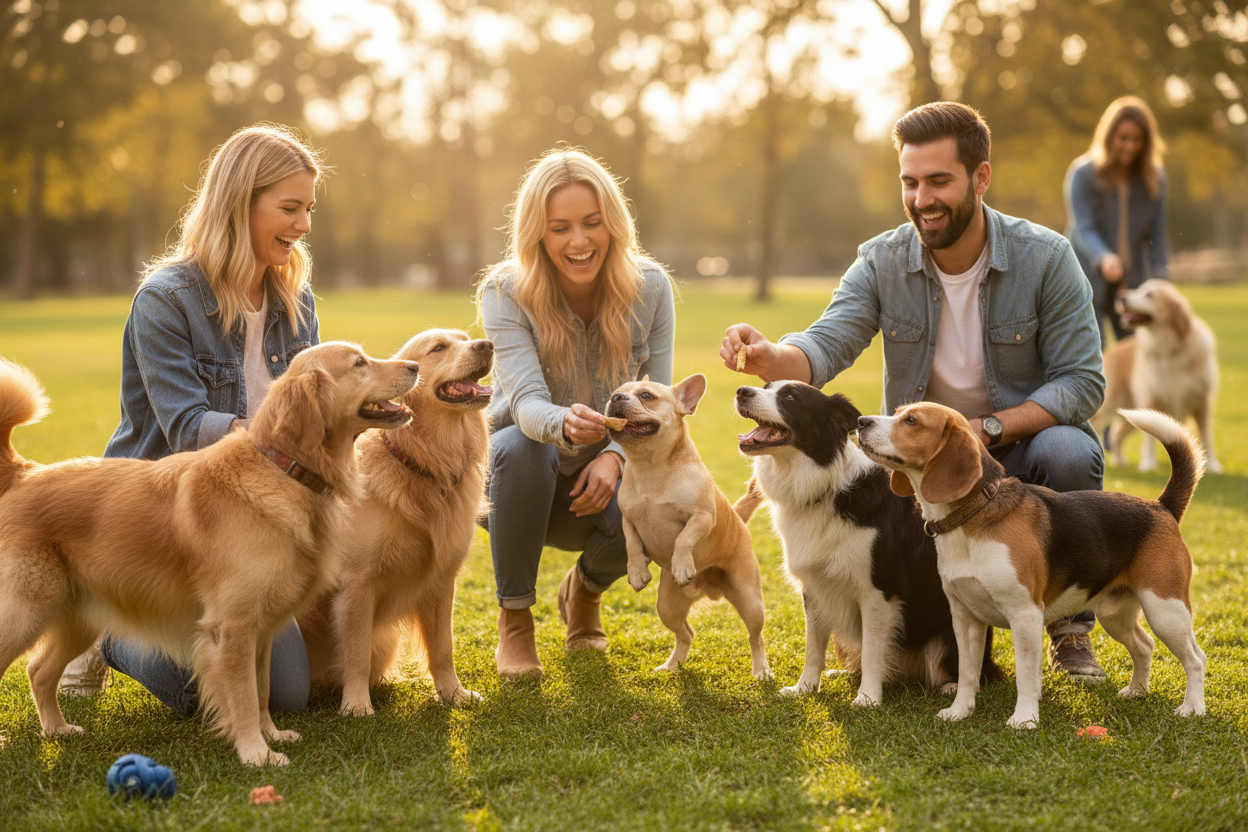 Dogs enjoying treats from their owners