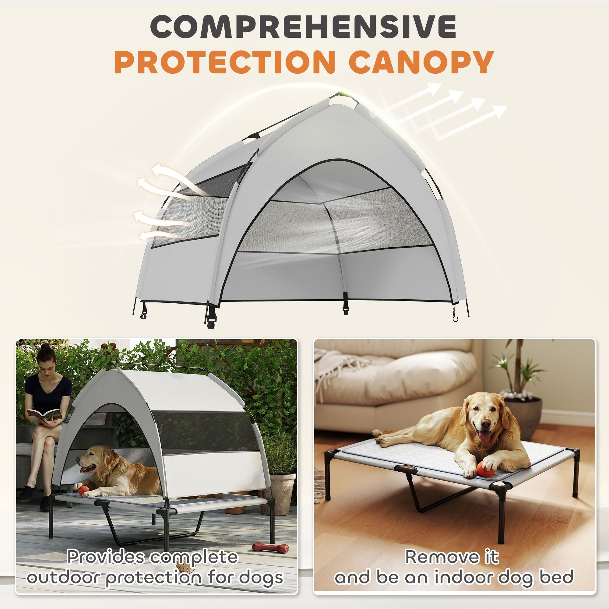 Elevated Dog Bed with Removable Canopy, Portable Outside Raised Pet Cot with Cooling Pad, Storage Bag, 36" x 29.5" x 35" - Dog Time Outlet