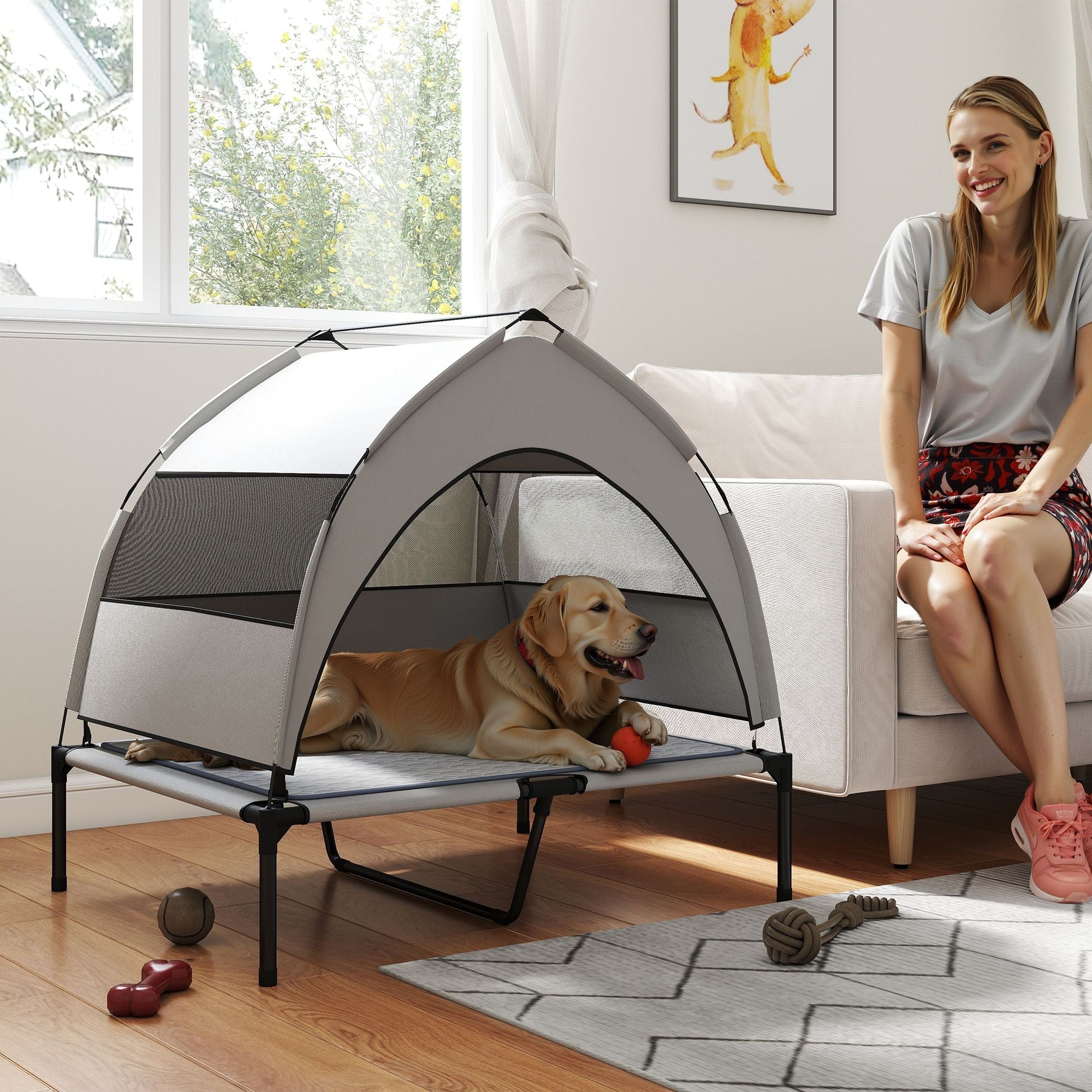 Elevated Dog Bed with Removable Canopy, Portable Outside Raised Pet Cot with Cooling Pad, Storage Bag, 36" x 29.5" x 35" - Dog Time Outlet