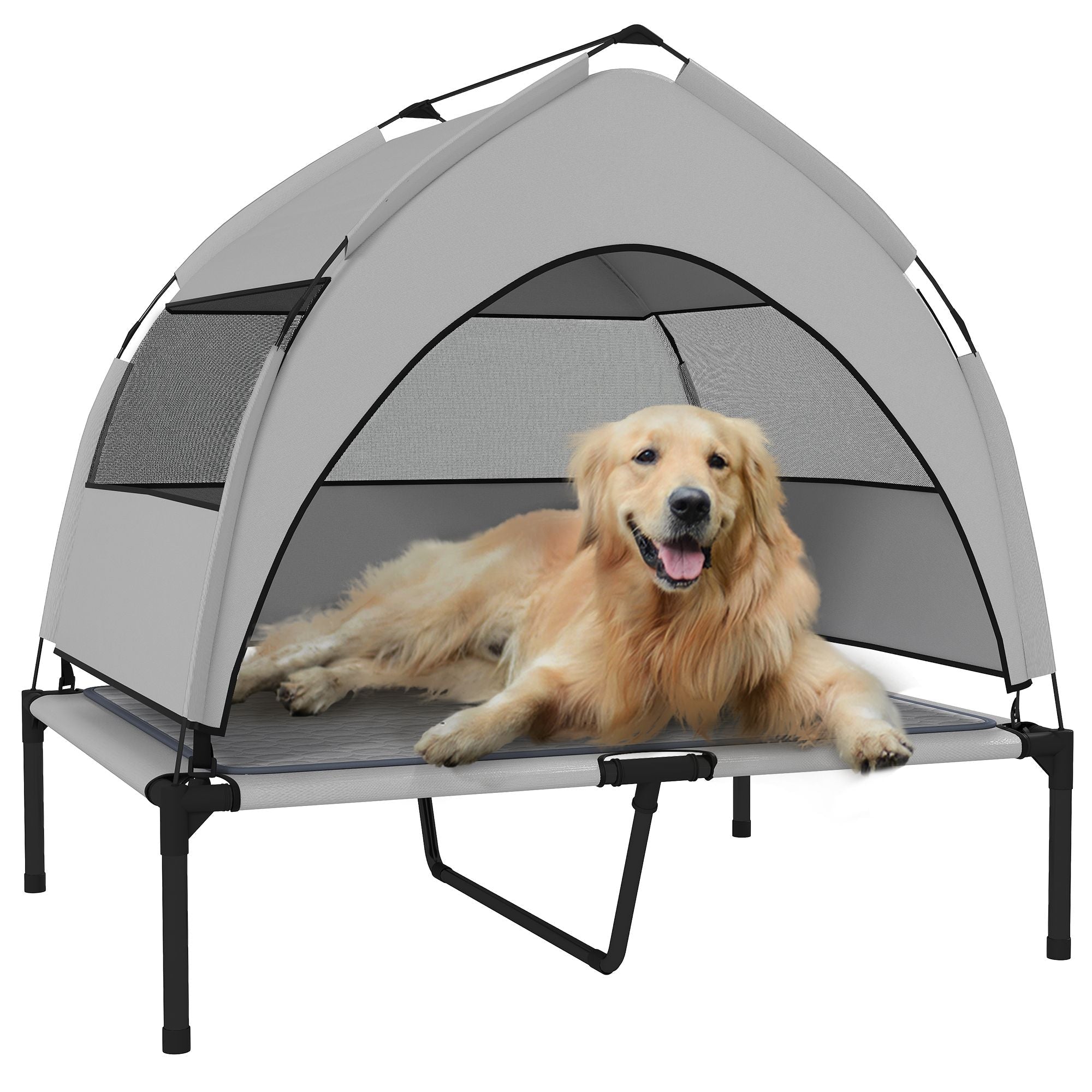 Elevated Dog Bed with Removable Canopy, Portable Outside Raised Pet Cot with Cooling Pad, Storage Bag, 36" x 29.5" x 35" - Dog Time Outlet