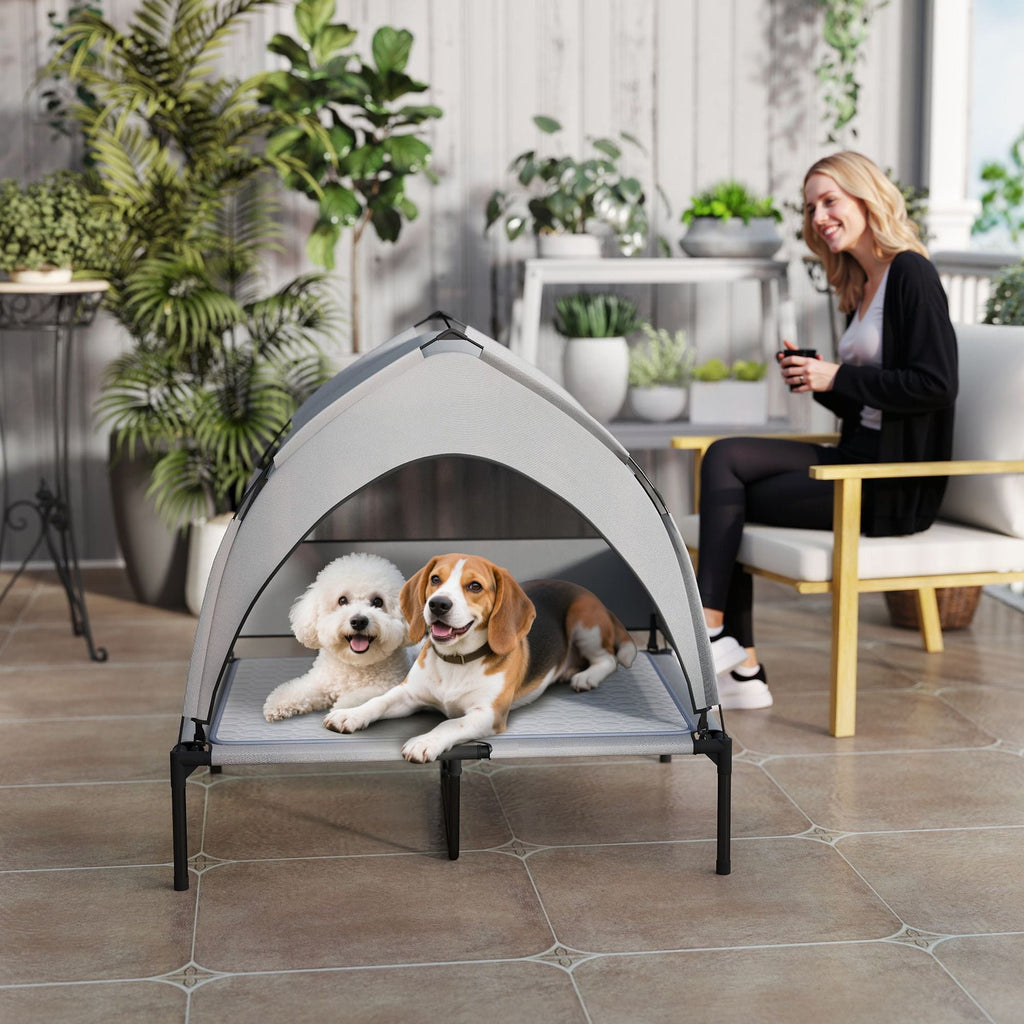 Elevated Dog Bed with Removable Canopy, Portable Outside Raised Pet Cot with Cooling Pad, Storage Bag, 36" x 29.5" x 35" - Dog Time Outlet