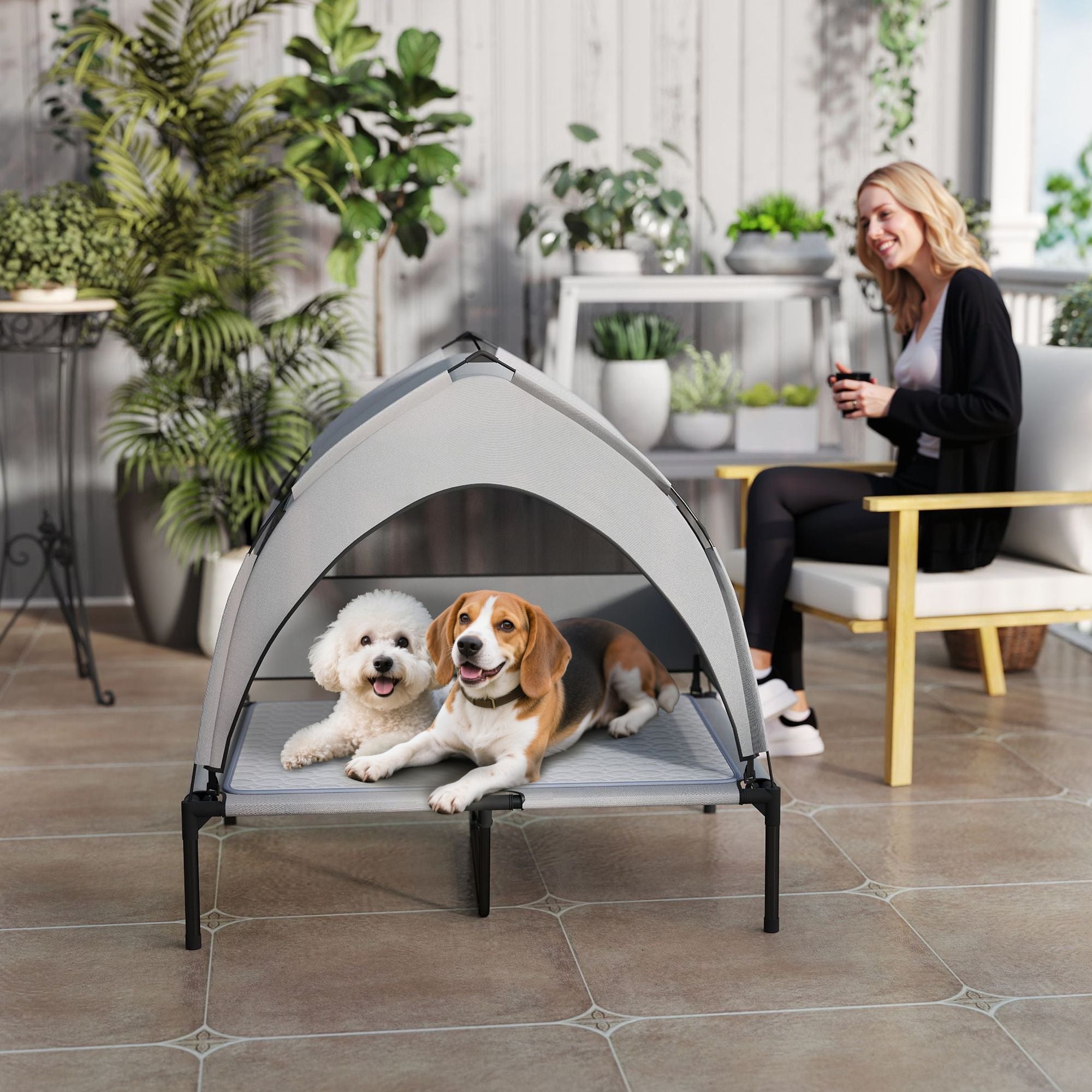 Elevated Dog Bed with Removable Canopy, Portable Outside Raised Pet Cot with Cooling Pad, Storage Bag, 36" x 29.5" x 35" - Dog Time Outlet