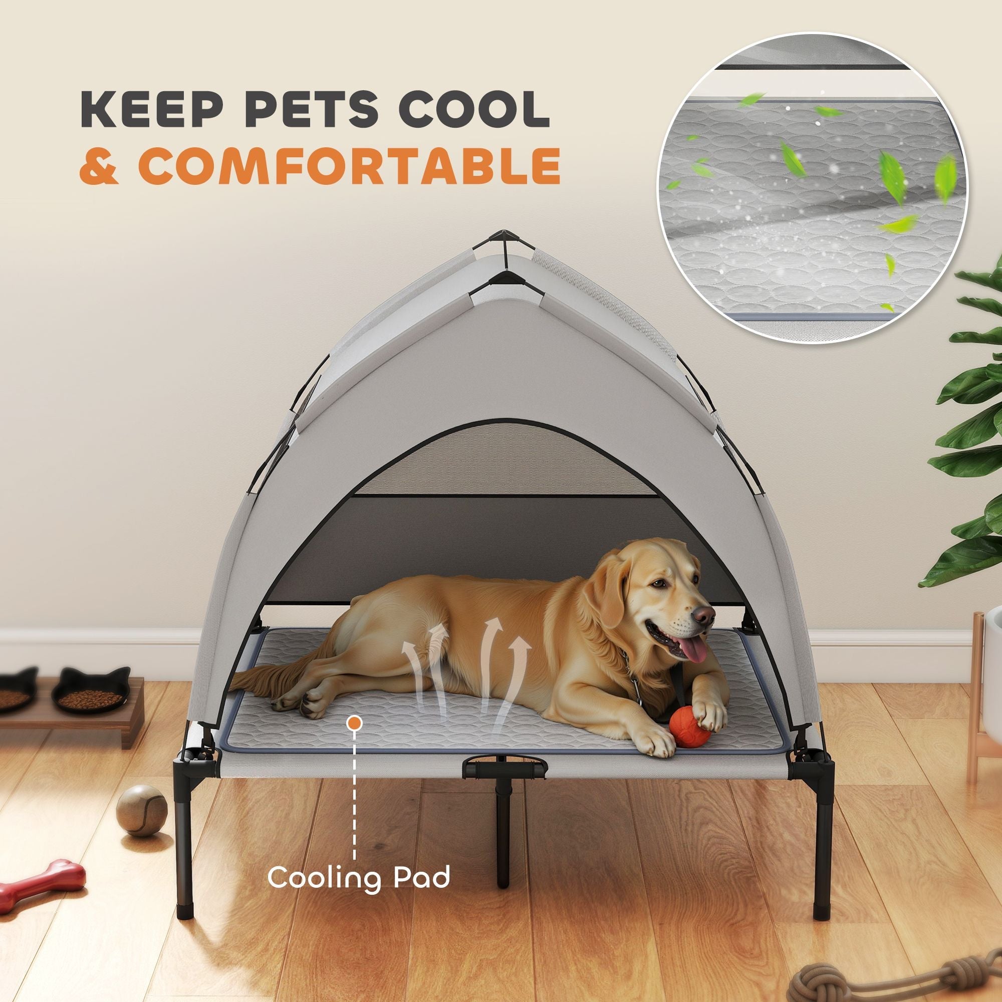 Elevated Dog Bed with Removable Canopy, Portable Outside Raised Pet Cot with Cooling Pad, Storage Bag, 36" x 29.5" x 35" - Dog Time Outlet
