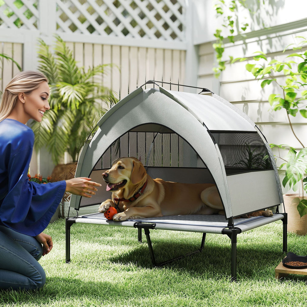 Elevated Dog Bed with Removable Canopy, Portable Outside Raised Pet Cot with Cooling Pad, Storage Bag, 36" x 29.5" x 35" - Dog Time Outlet