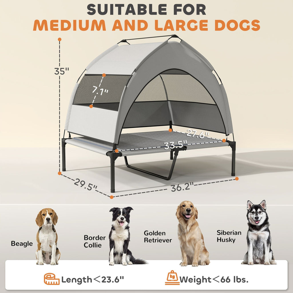 Elevated Dog Bed with Removable Canopy, Portable Outside Raised Pet Cot with Cooling Pad, Storage Bag, 36" x 29.5" x 35" - Dog Time Outlet