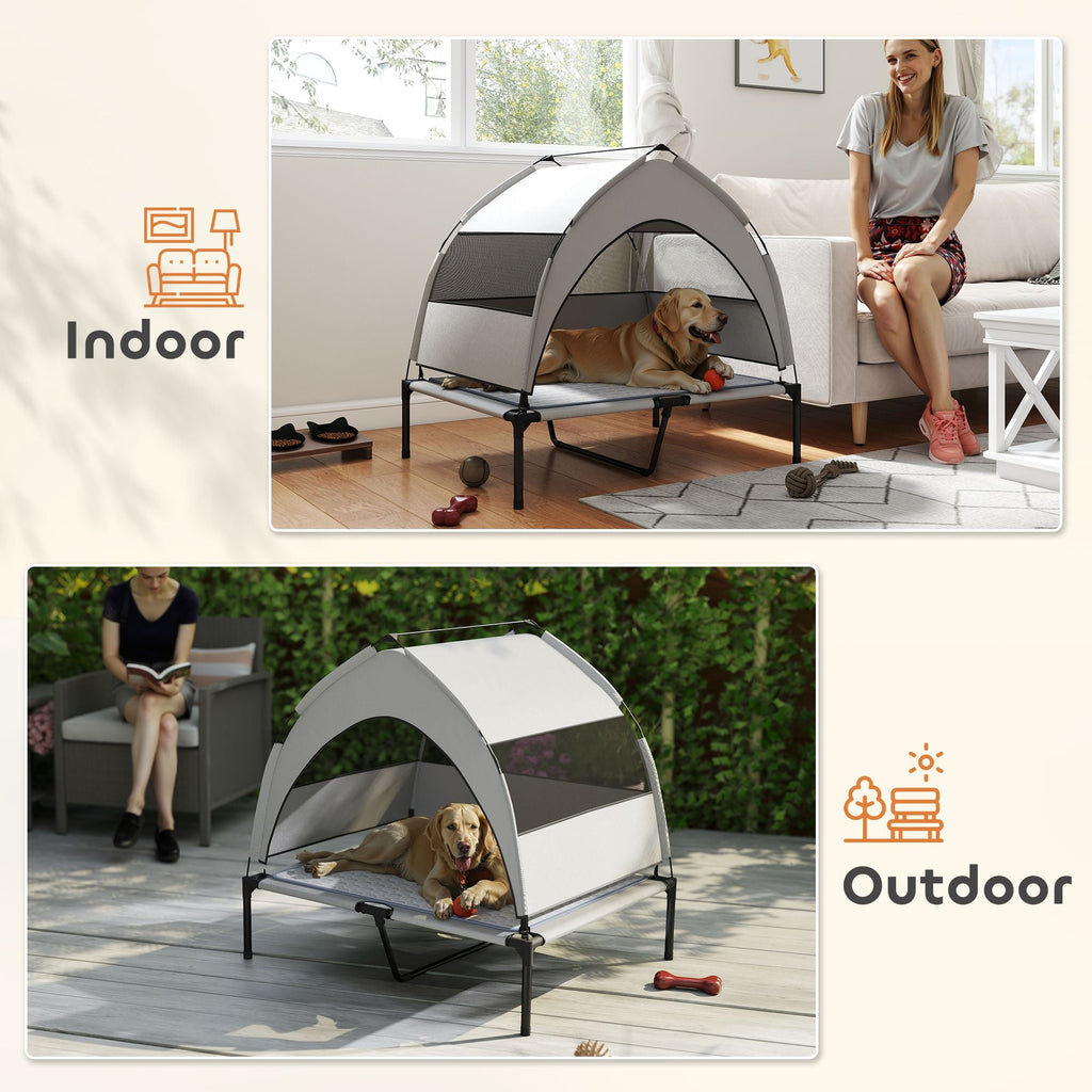 Elevated Dog Bed with Removable Canopy, Portable Outside Raised Pet Cot with Cooling Pad, Storage Bag, 36" x 29.5" x 35" - Dog Time Outlet