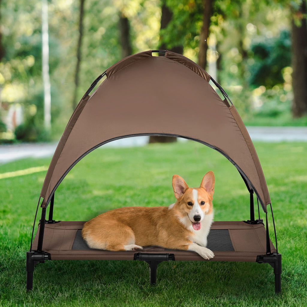 Elevated Portable Dog Cot Pet Bed with UV Protection Canopy Shade, 36 inch, Coffee - Dog Time Outlet