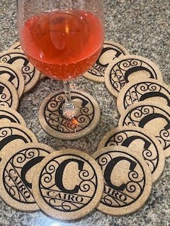 Fanciful Personal Cork Coasters for wedding tables with names or designs & dates - Dog Time Outlet