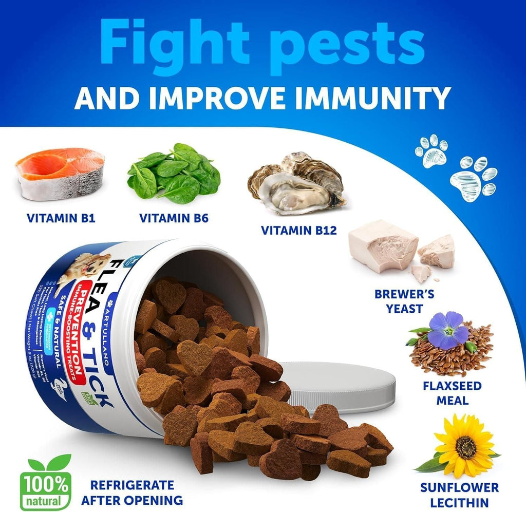 Flea and Tick Prevention for Dogs Chewables Natural Flea Treatment Supplement for Small & Large Dogs with Vitamins Immune Support Chews Pest Defense Oral Pills 120 Soft Treats Made in USA - Dog Time Outlet