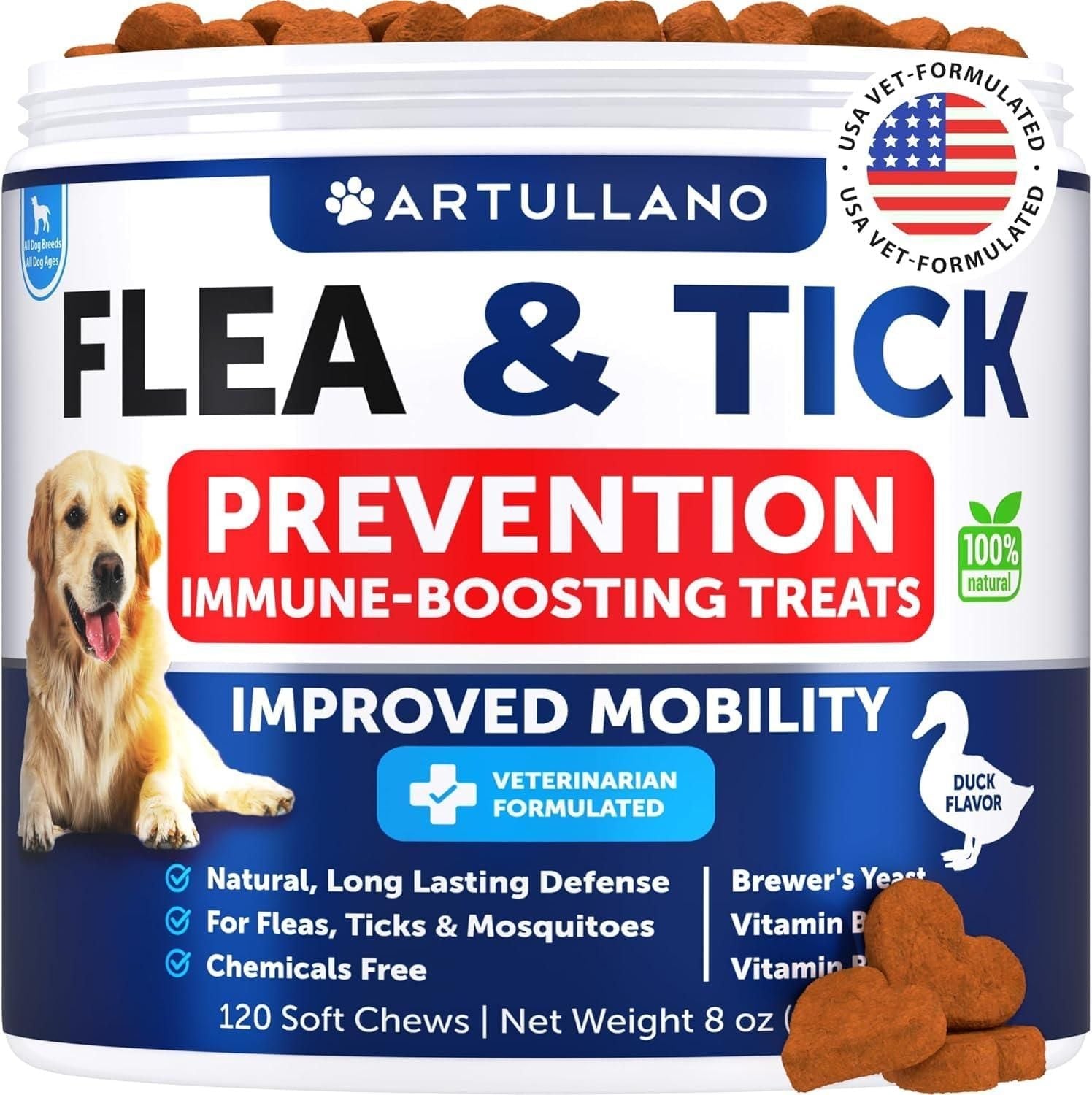Flea and Tick Prevention for Dogs Chewables Natural Flea Treatment Supplement for Small & Large Dogs with Vitamins Immune Support Chews Pest Defense Oral Pills 120 Soft Treats Made in USA - Dog Time Outlet