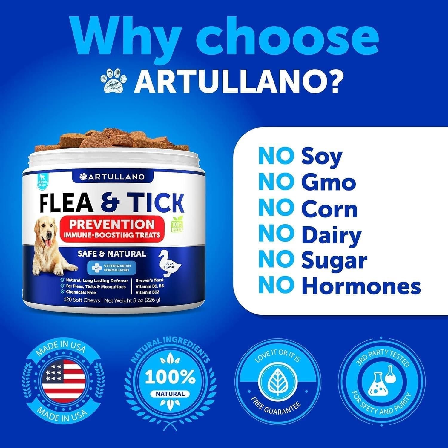 Flea and Tick Prevention for Dogs Chewables Natural Flea Treatment Supplement for Small & Large Dogs with Vitamins Immune Support Chews Pest Defense Oral Pills 120 Soft Treats Made in USA - Dog Time Outlet