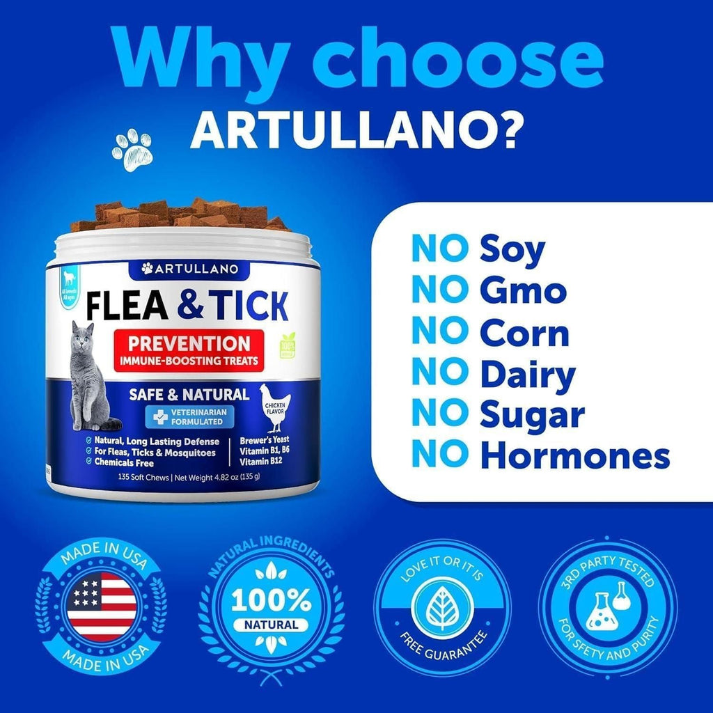 Flea Treatment for Cats Natural Flea and Tick Prevention Supplement for Cats Kittens Chewable Daily Oral Pills with Vitamins 135 Soft Chews Skin & Coat Dental treats Digestion - Dog Time Outlet