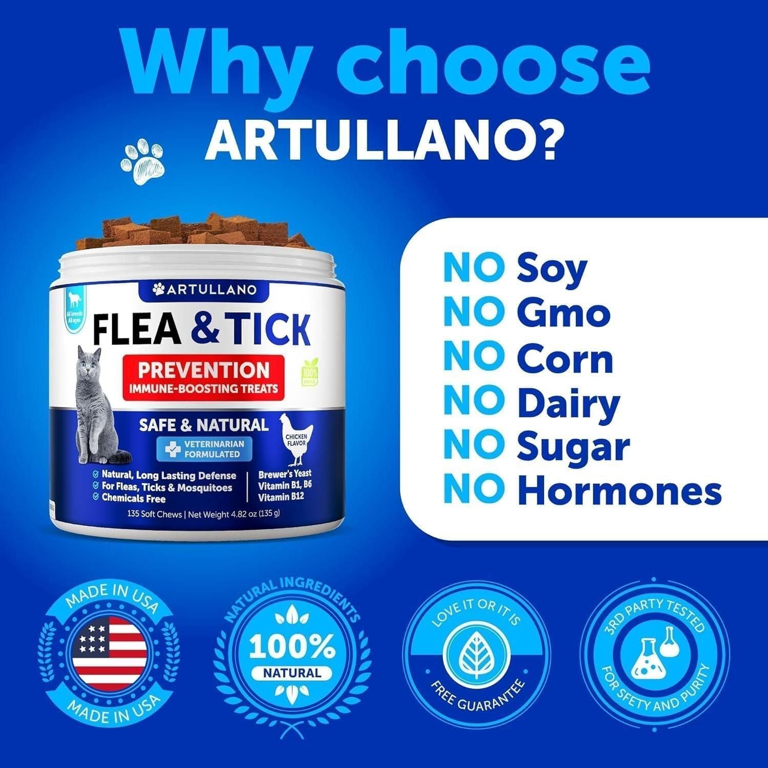 Flea Treatment for Cats Natural Flea and Tick Prevention Supplement for Cats Kittens Chewable Daily Oral Pills with Vitamins 135 Soft Chews Skin & Coat Dental treats Digestion - Dog Time Outlet