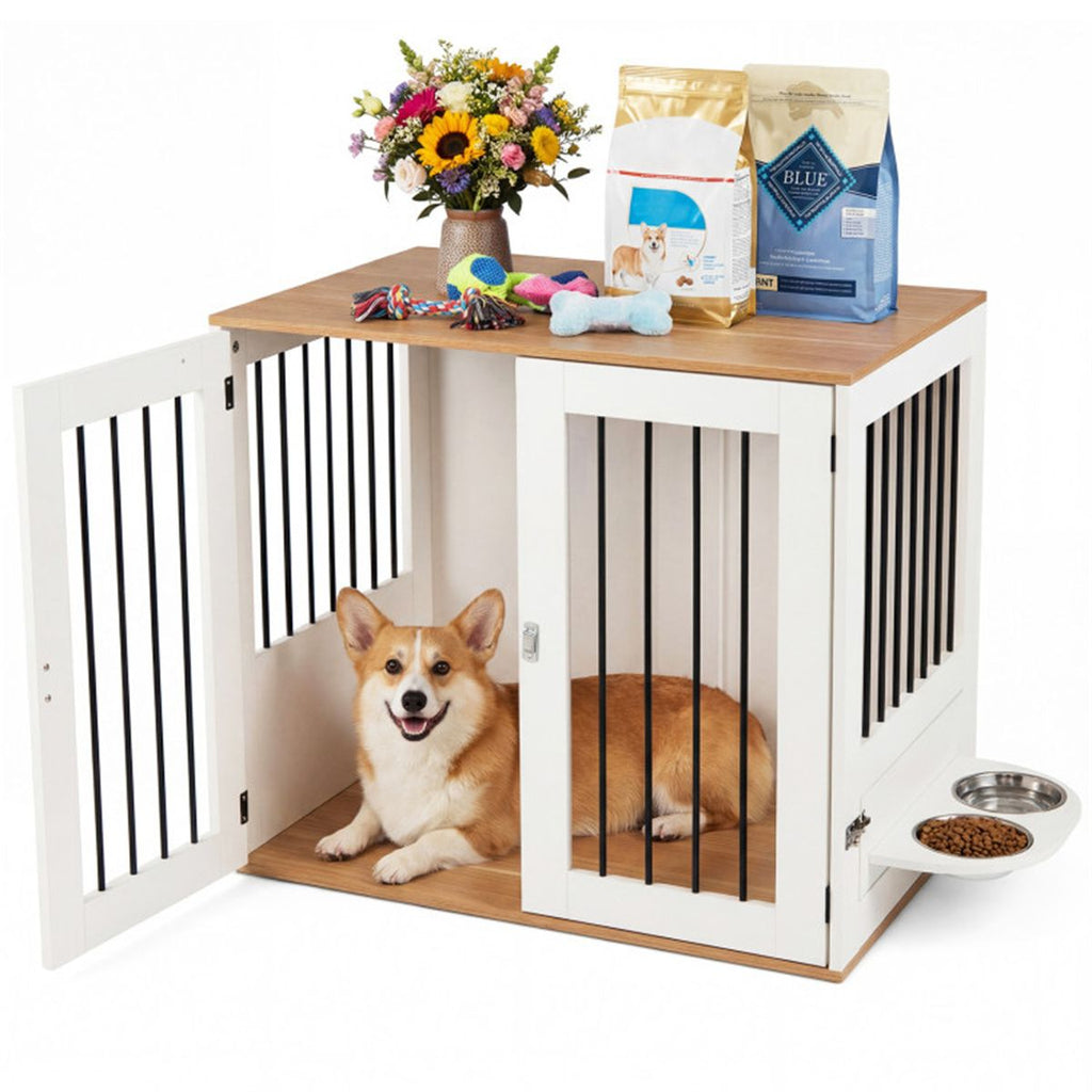 Furniture Style Dog Crate with 360° Rotating Feeder & 304 Stainless Steel Bowls, Double Locking Indoor Dog Kennel - Dog Time Outlet