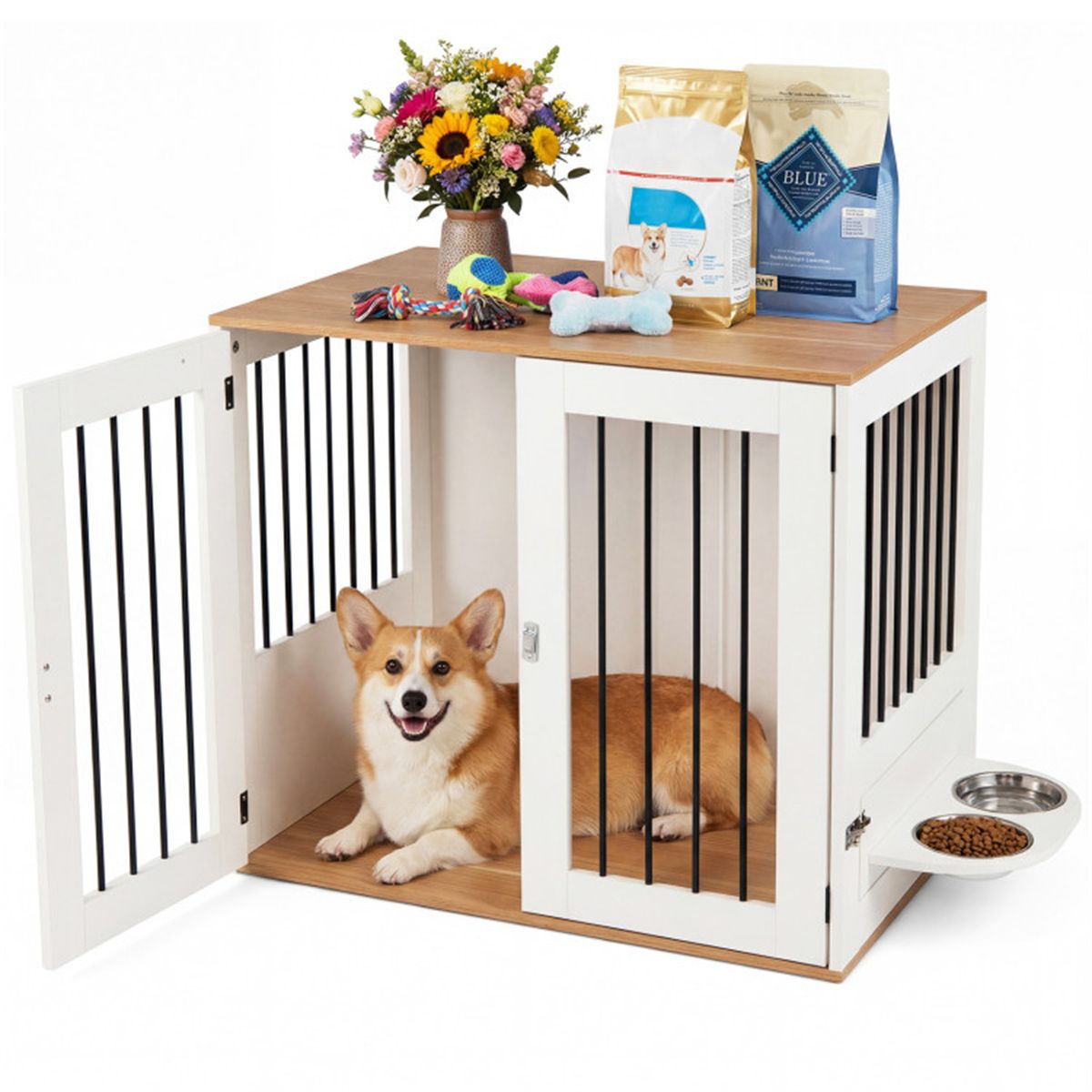 Furniture Style Dog Crate with 360° Rotating Feeder & 304 Stainless Steel Bowls, Double Locking Indoor Dog Kennel - Dog Time Outlet