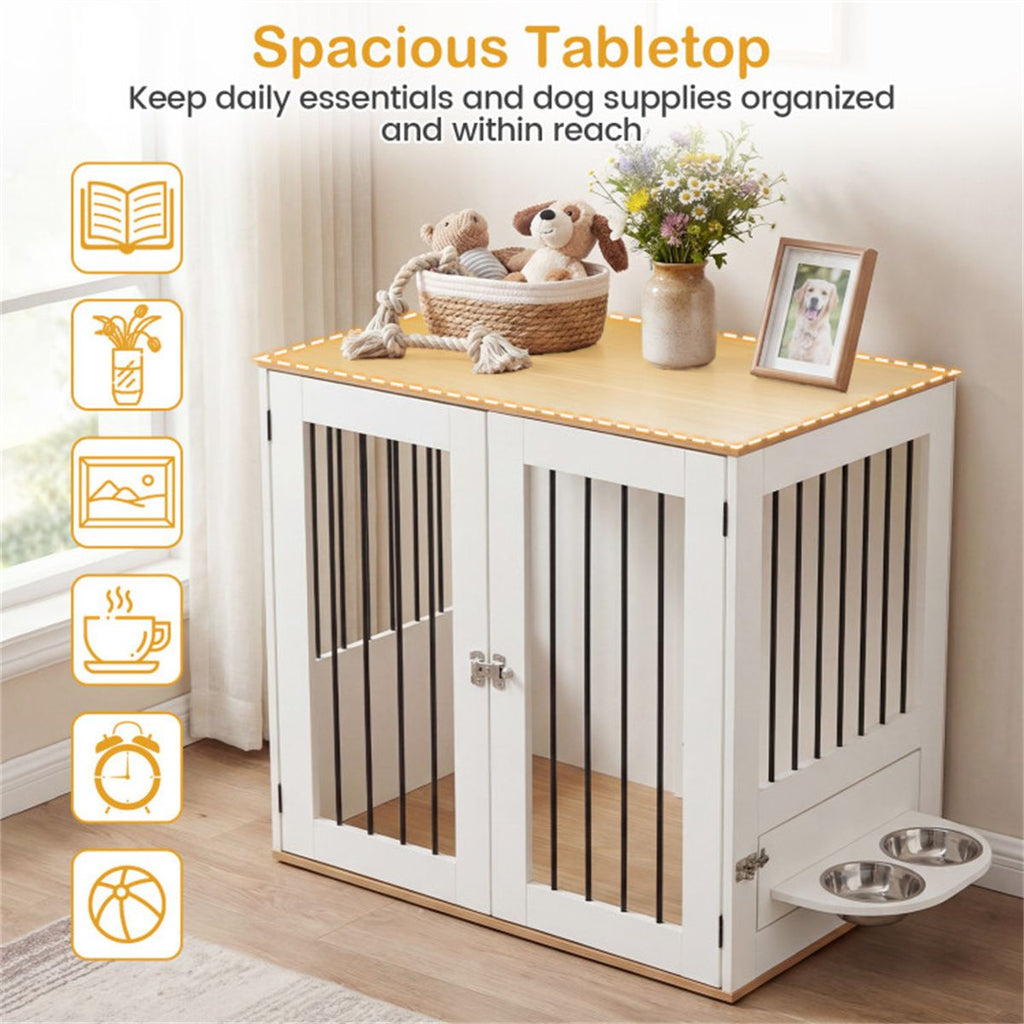 Furniture Style Dog Crate with 360° Rotating Feeder & 304 Stainless Steel Bowls, Double Locking Indoor Dog Kennel - Dog Time Outlet