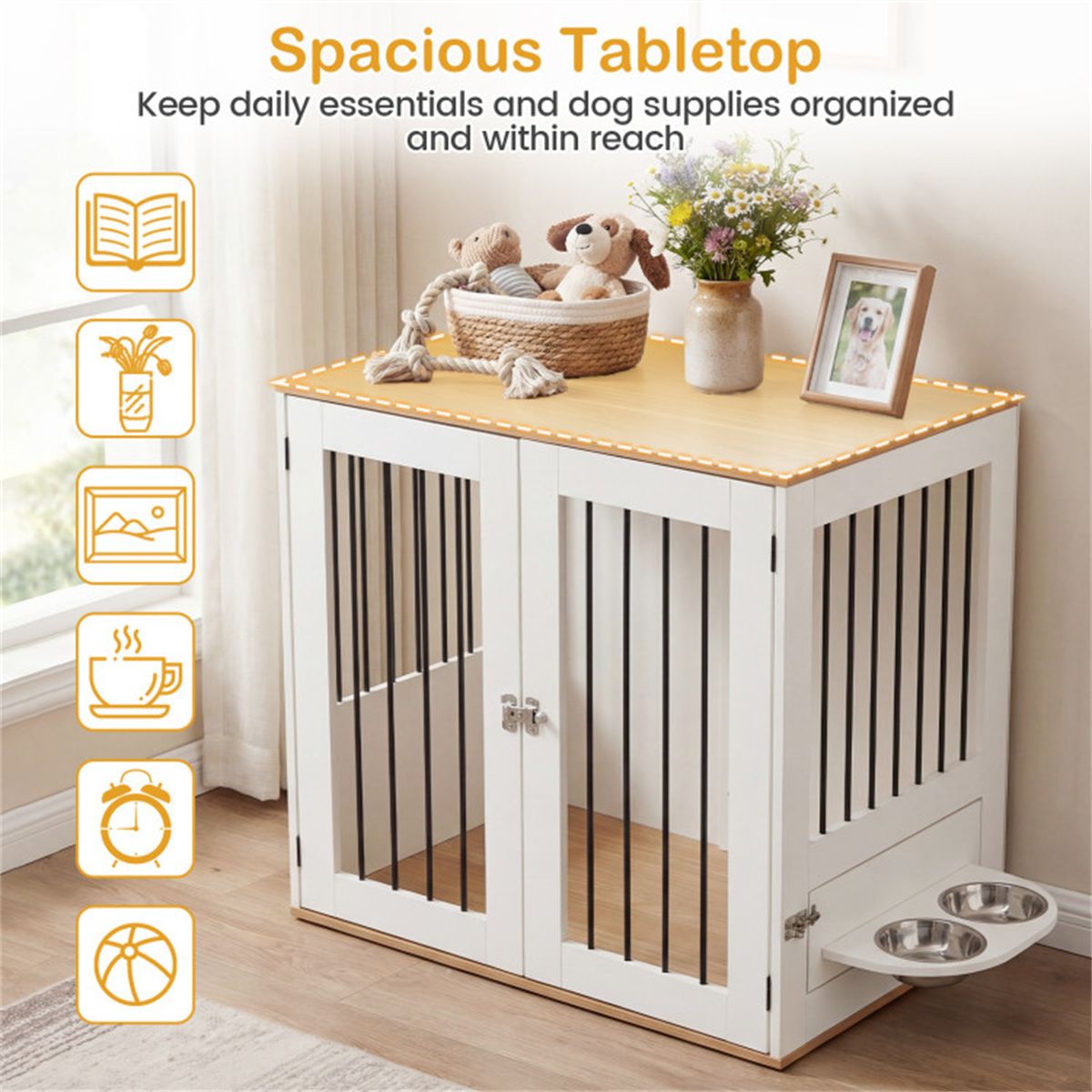 Furniture Style Dog Crate with 360° Rotating Feeder & 304 Stainless Steel Bowls, Double Locking Indoor Dog Kennel - Dog Time Outlet