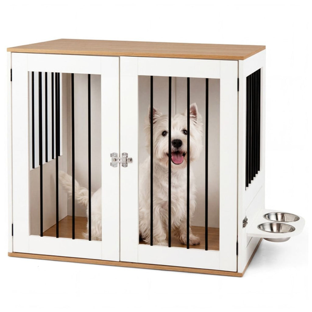 Furniture Style Dog Crate with 360° Rotating Feeder & 304 Stainless Steel Bowls, Double Locking Indoor Dog Kennel - Dog Time Outlet