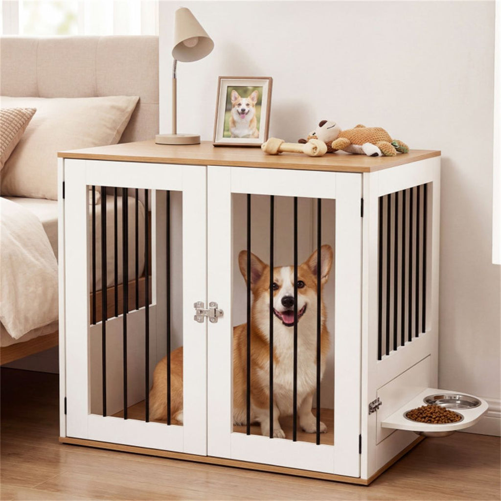 Furniture Style Dog Crate with 360° Rotating Feeder & 304 Stainless Steel Bowls, Double Locking Indoor Dog Kennel - Dog Time Outlet